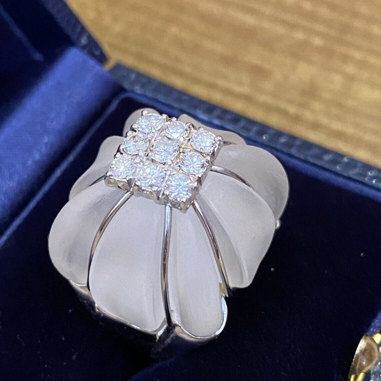 Large Carved Rock Crystal & Diamond Cocktail Ring in 18k White Gold
