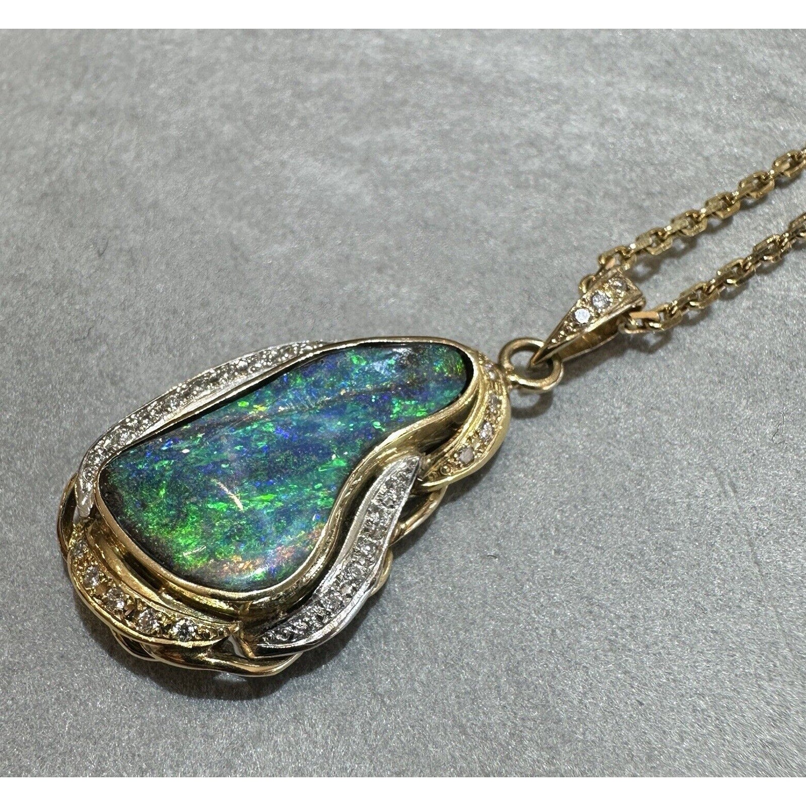 Boulder Opal & Diamond Pendant Necklace in 18k Yellow Gold