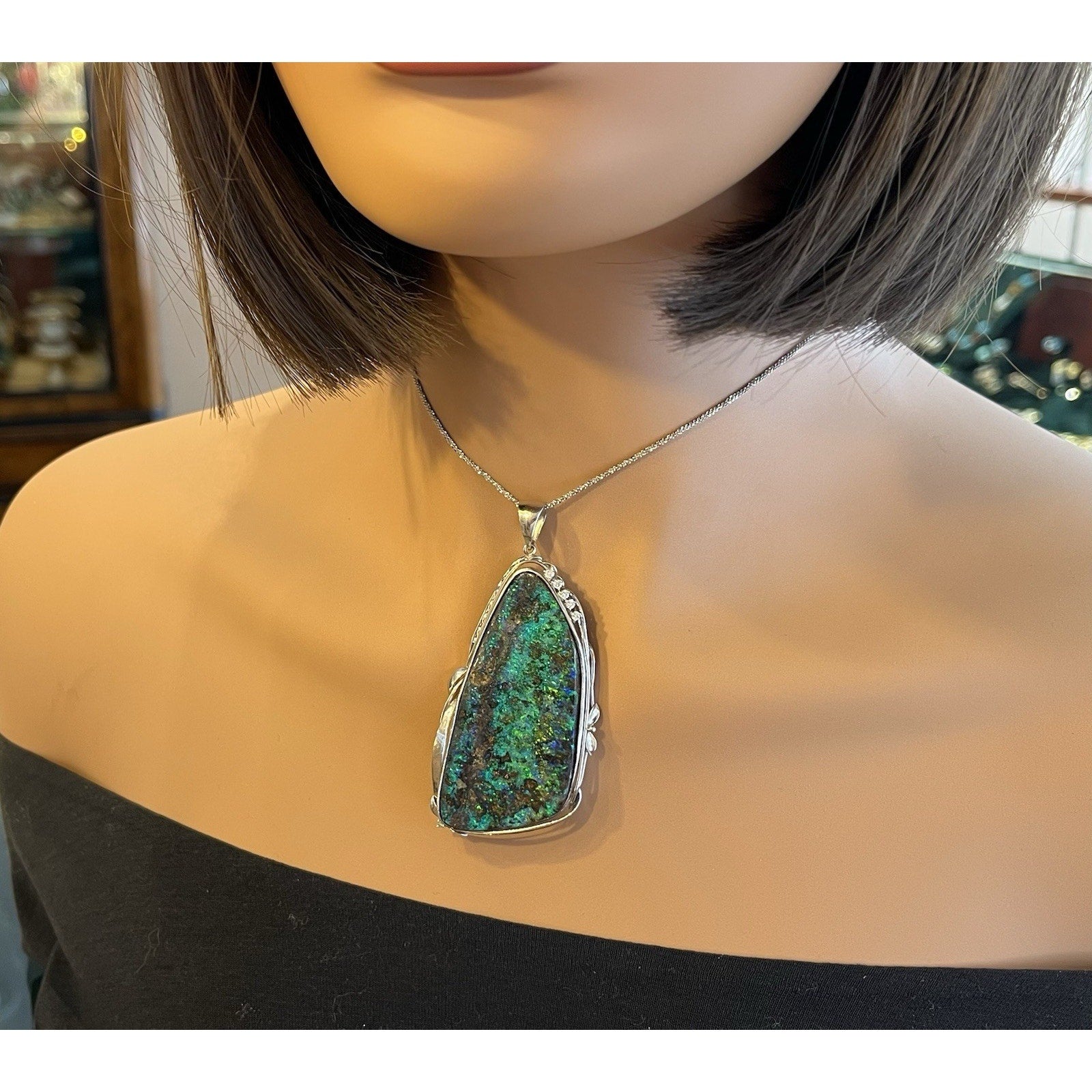 Large 72.85 ct Boulder Opal and Diamond Pendant Necklace in Platinum
