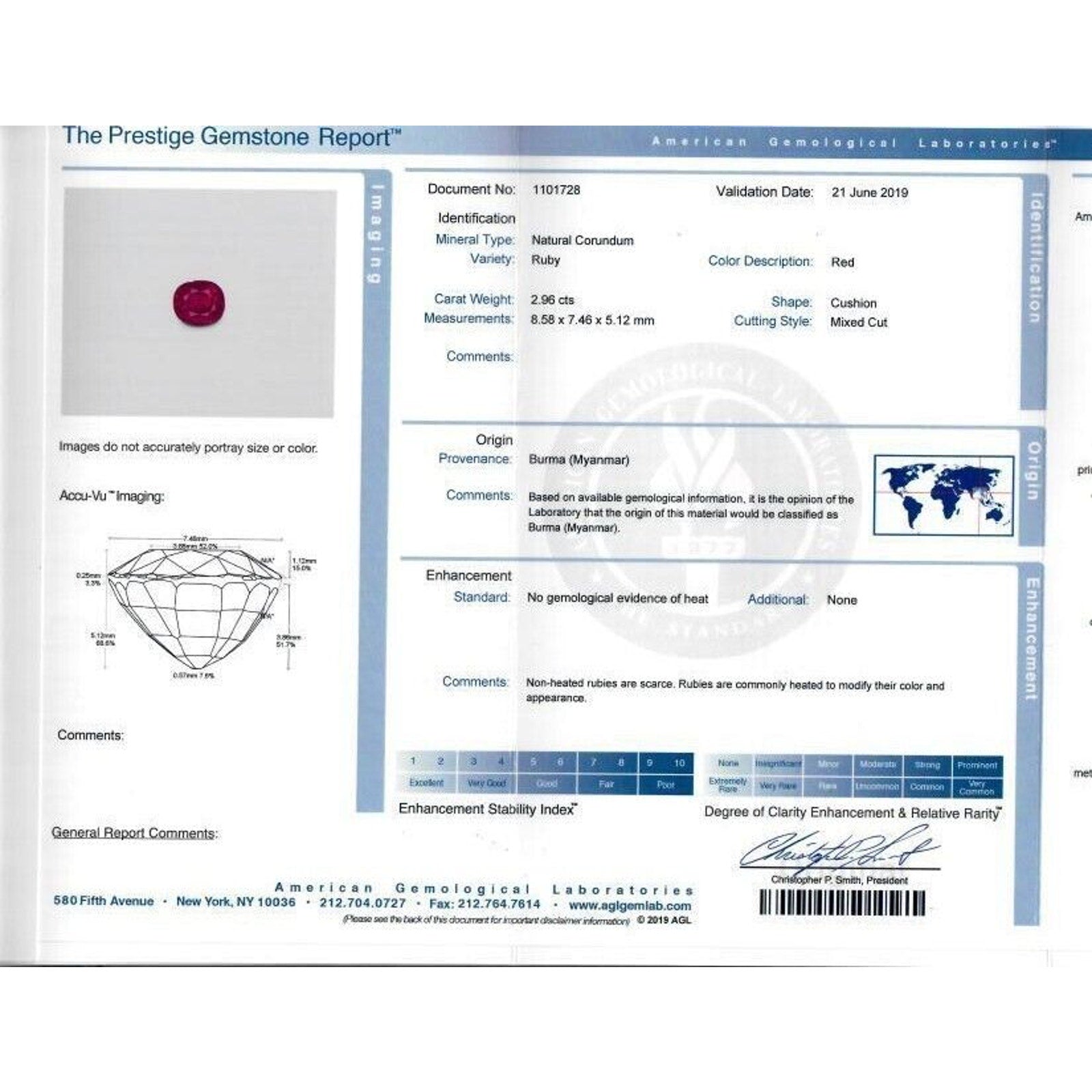 AGL Certified Unheated Cushion Ruby Ring with Diamonds in Platinum - HM2591