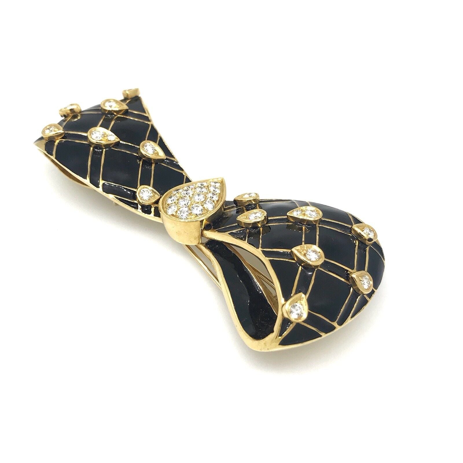 Large Black Enamel and Diamond Bow Pin / Brooch in 18k Yellow Gold