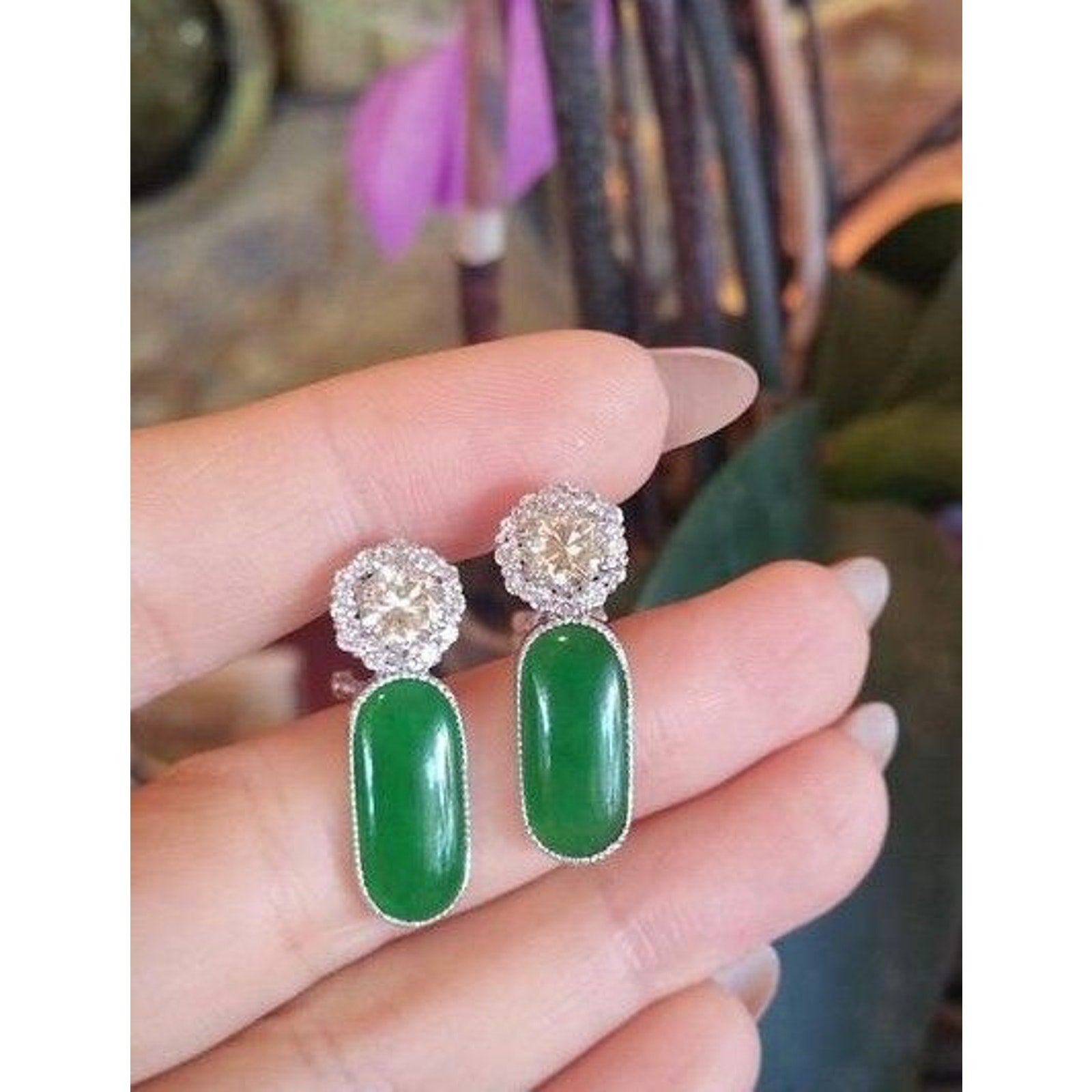 GIA Certified Natural Jadeite Jade Diamond Platinum Flower Earrings