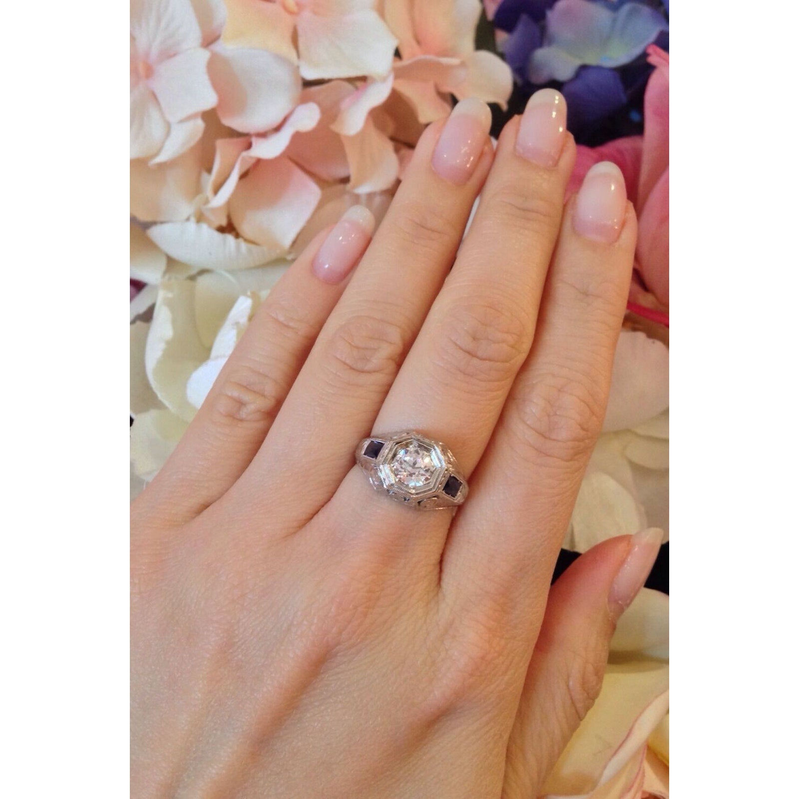 Vintage 0.85 ct Old European Diamond and Sapphire ring 14k White Gold