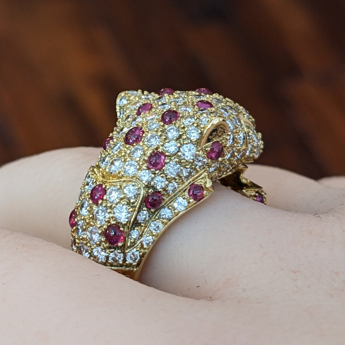 Pave Diamond and Ruby Panther Wrap Ring in 18k Yellow Gold