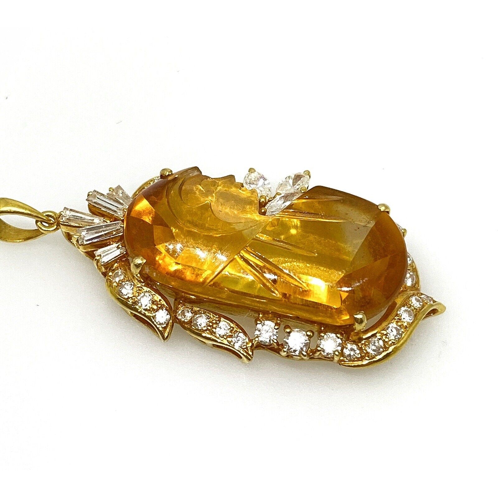 Carved Citrine and Diamond Pendant in 18k Yellow Gold