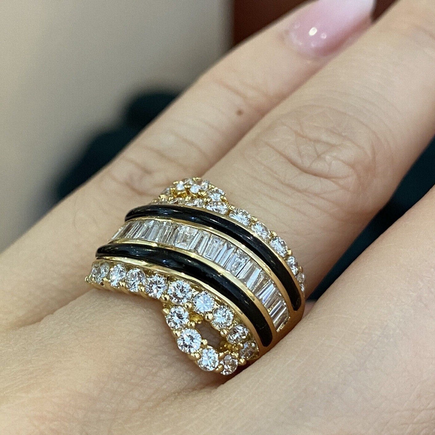Wide Diamond Band Ring with Onyx in 18k Yellow Gold