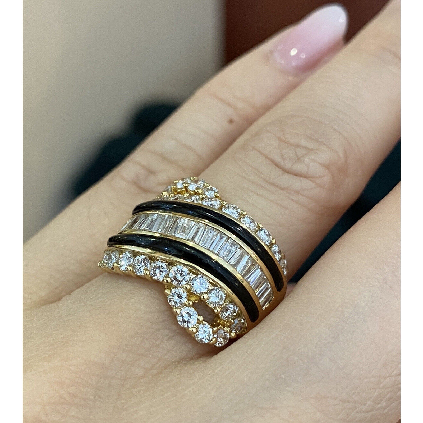 Wide Diamond Band Ring with Onyx in 18k Yellow Gold