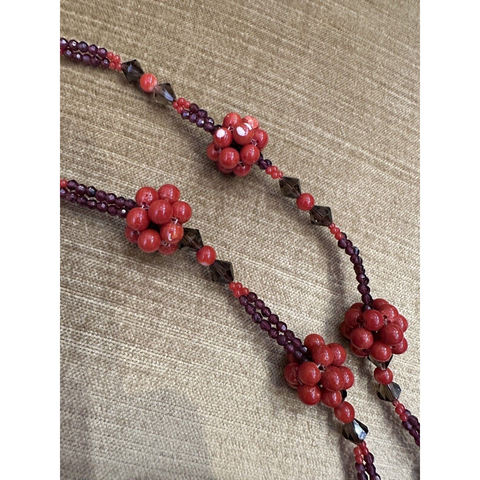 Coral, Garnet and Quartz Bead Necklace in 14k Yellow Gold