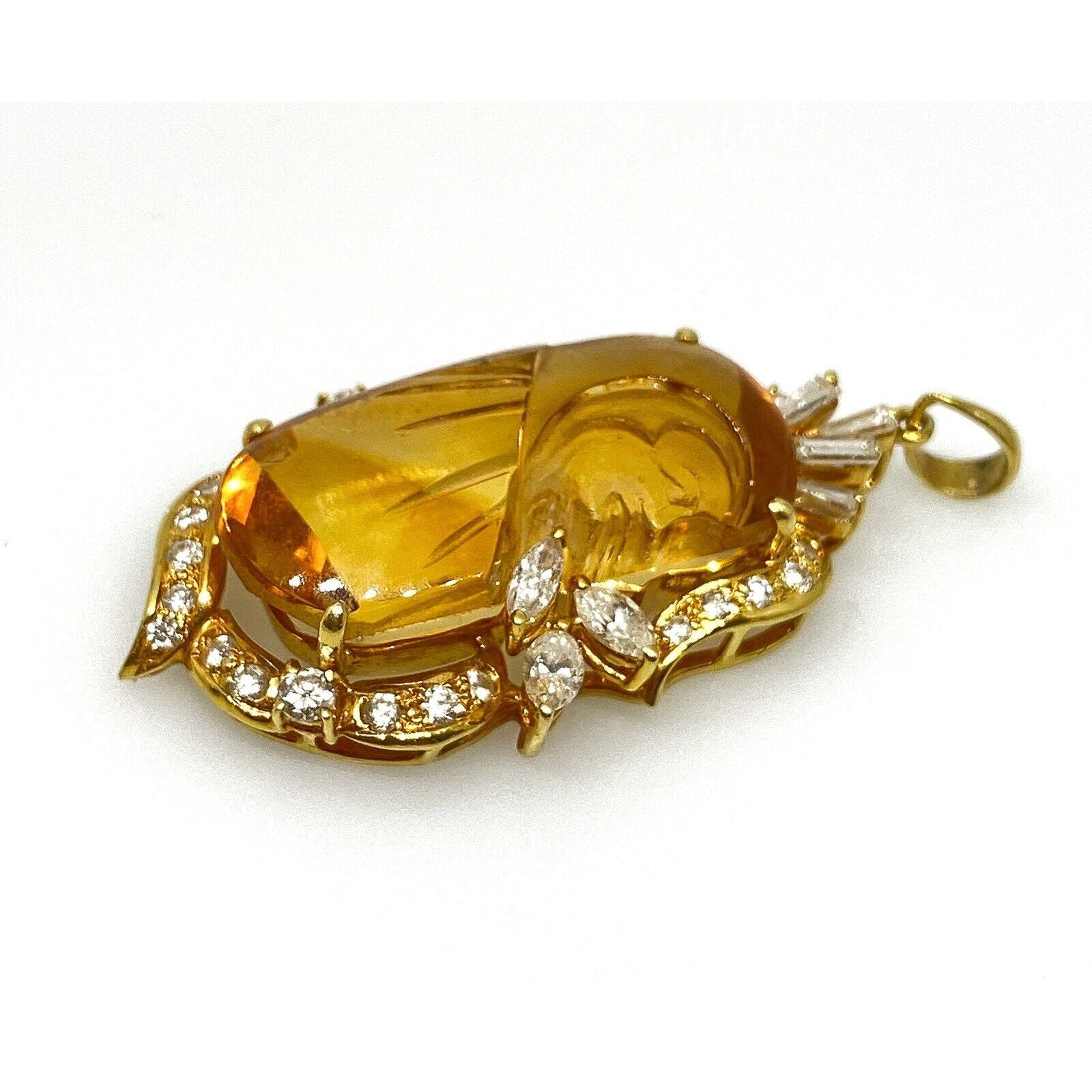 Carved Citrine and Diamond Pendant in 18k Yellow Gold