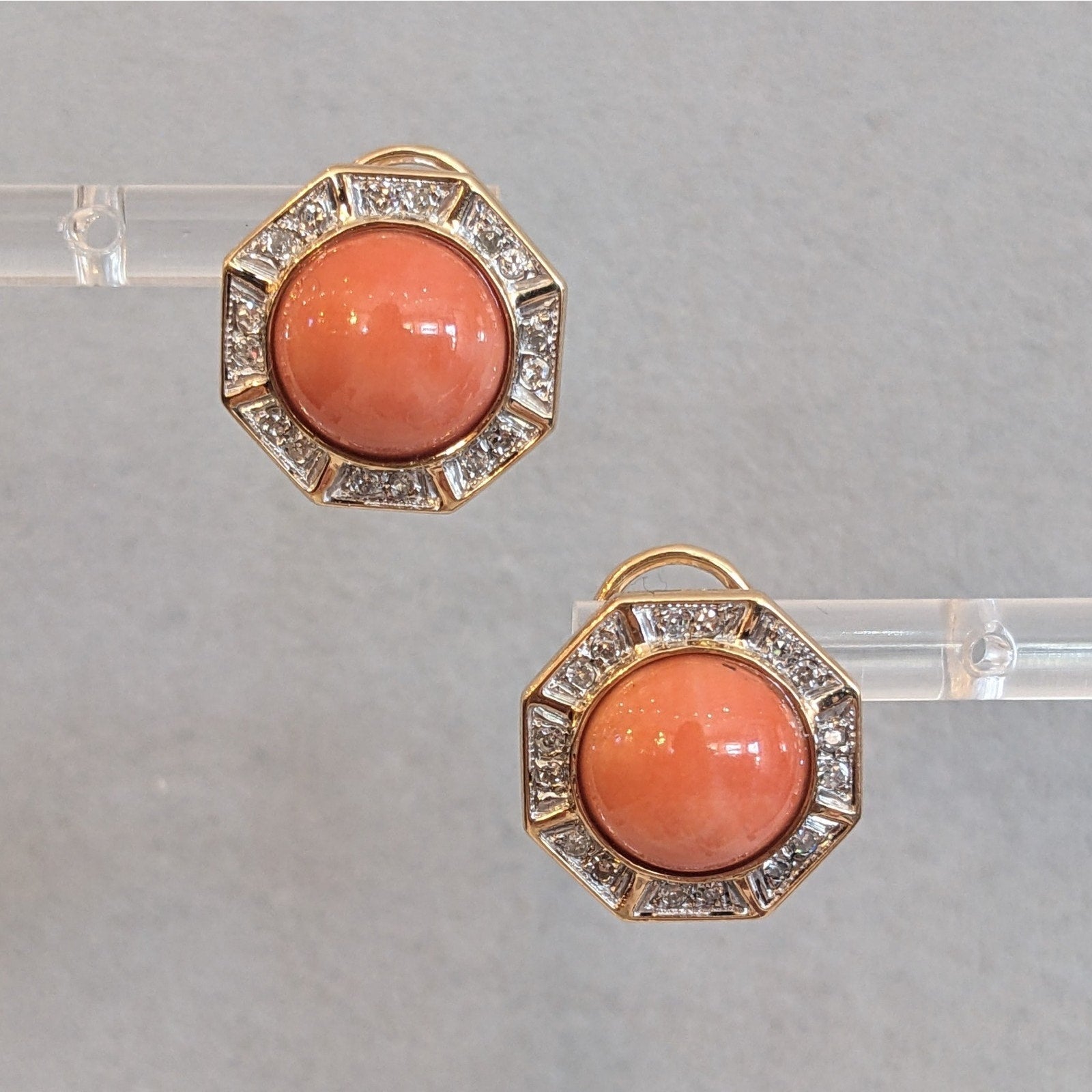 Vintage Coral and Diamond Stud Earrings in 18k Yellow Gold