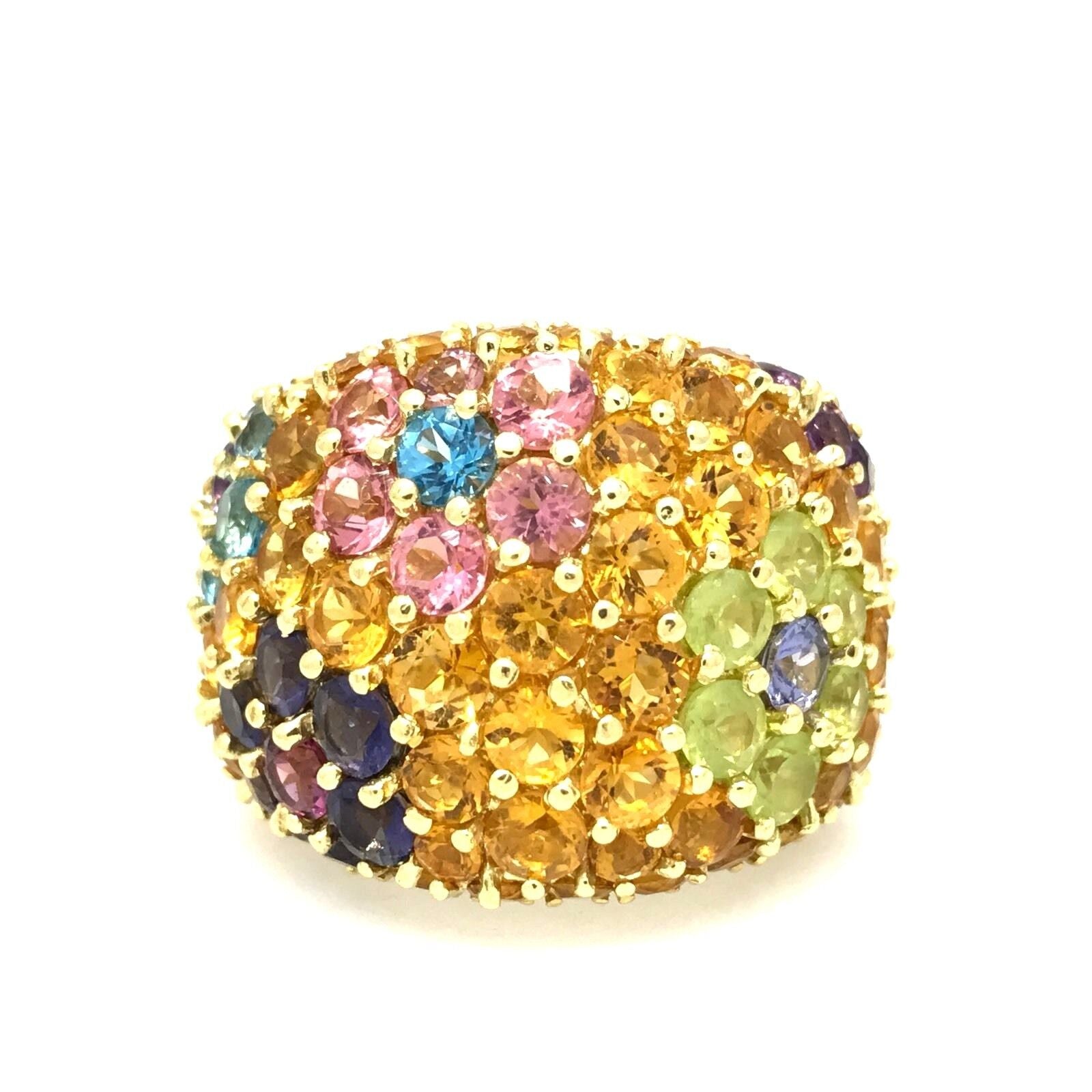 Wide Citrine-Peridot-Amethyst Flower Ring in 18k Yellow Gold