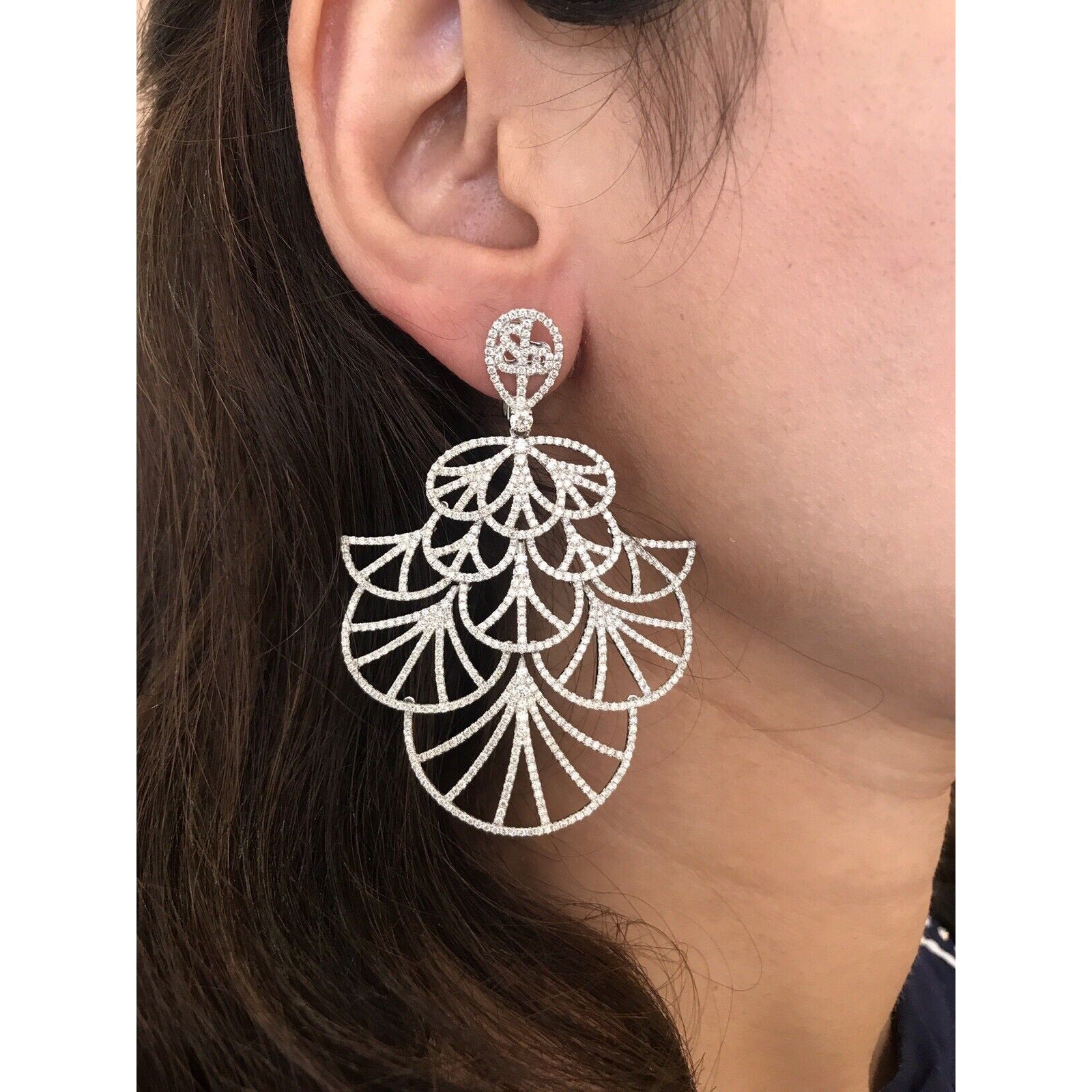Large Diamond Fan Chandelier Earrings 9.50 carat TW in 18k White Gold