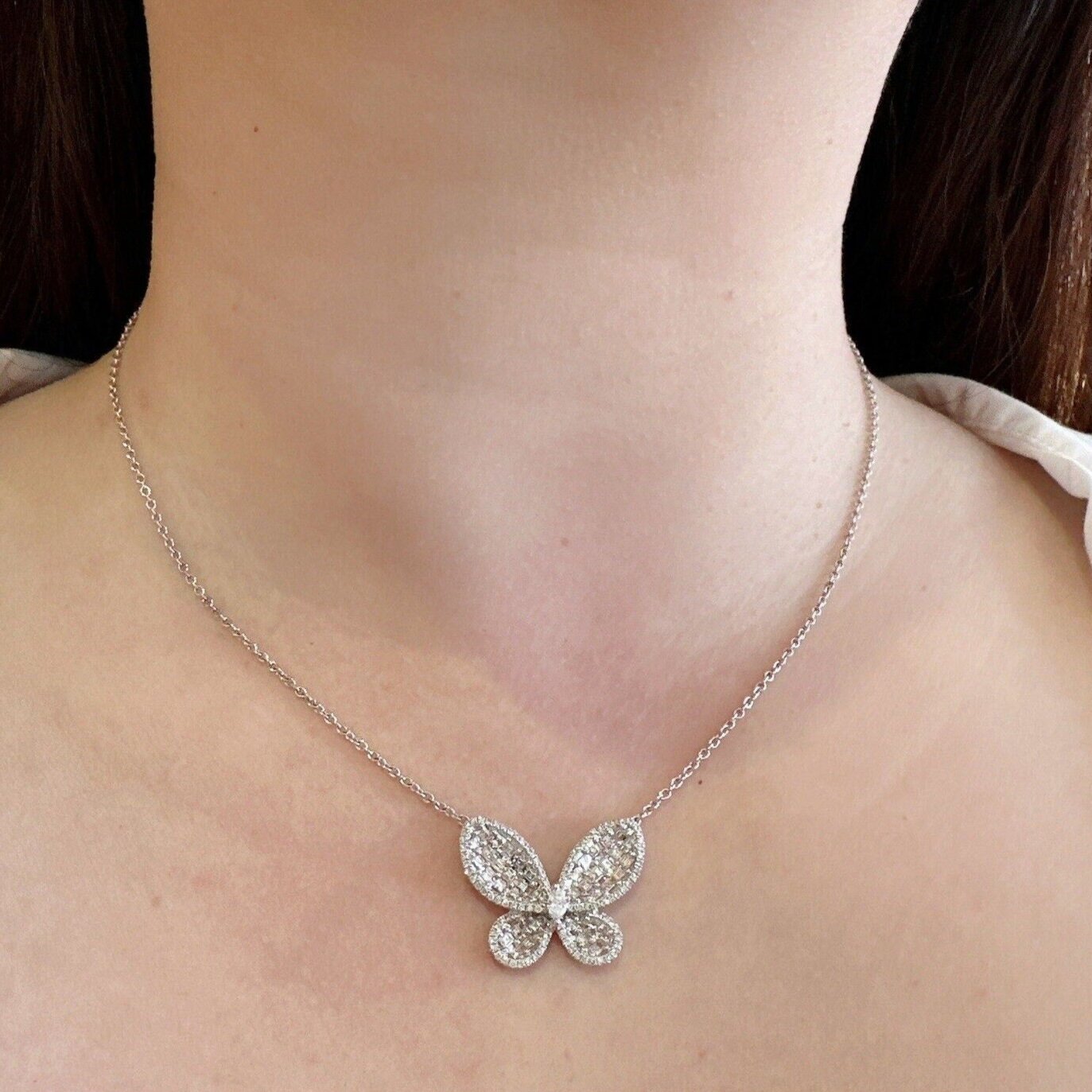 Pave Diamond Butterfly Pendant Necklace 1.50 cttw in 18k White Gold