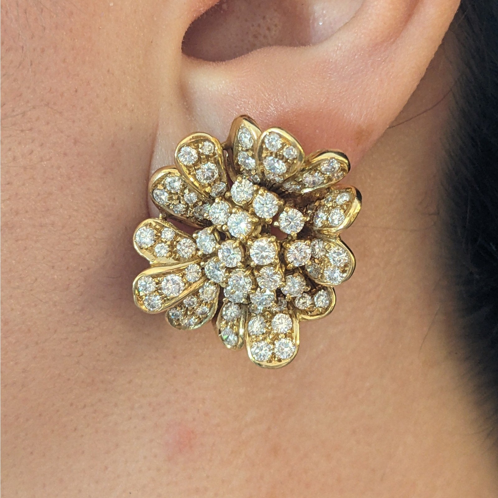 Natural Diamond Flower Cluster Earrings in 18k Yellow Gold