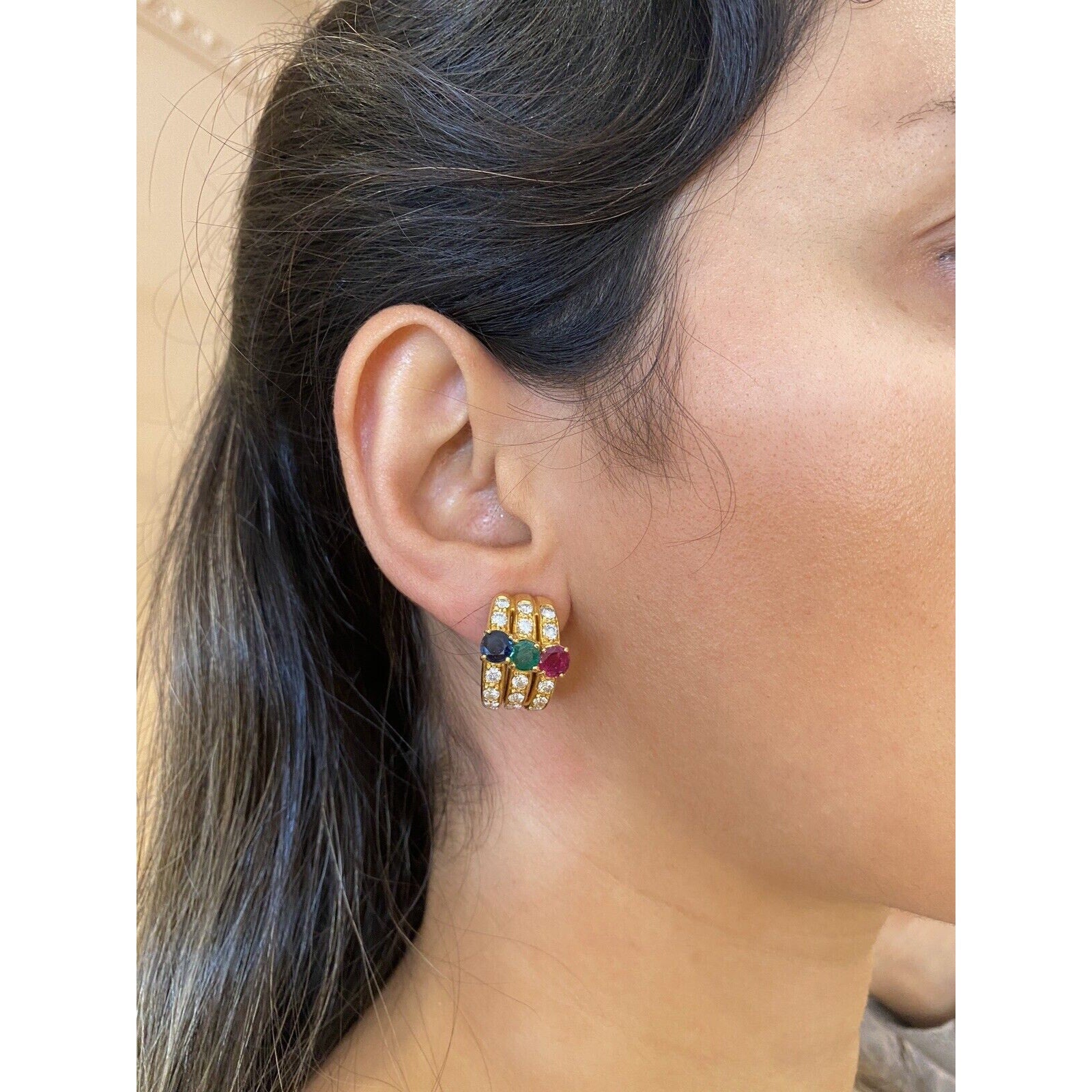 Diamond, Ruby, Emerald, Sapphire Half Hoop Earrings in 18k Yellow Gold