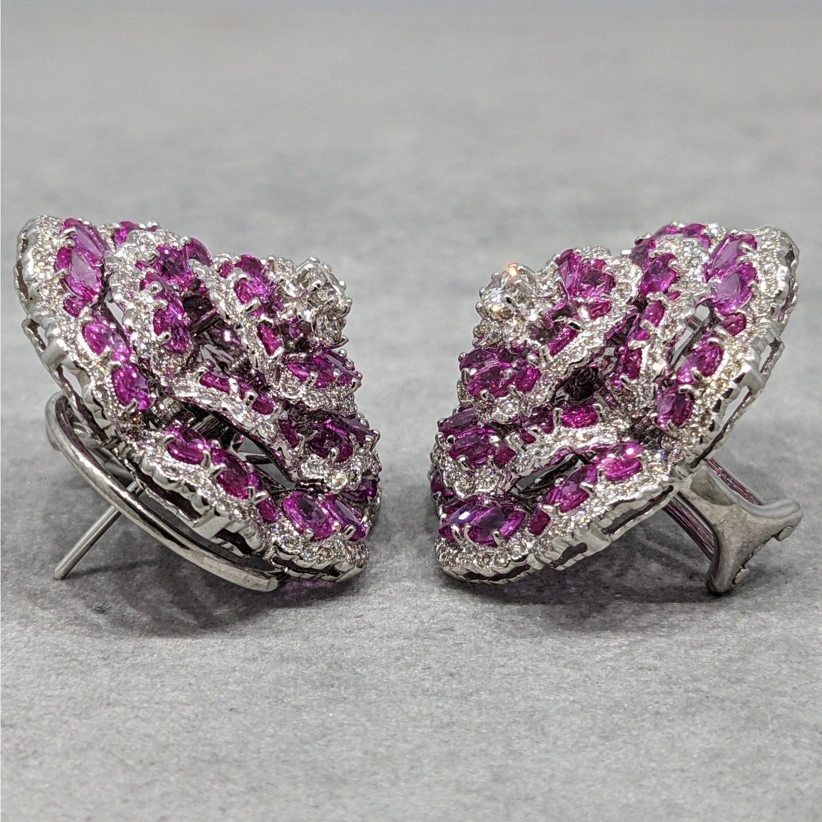 Pink Sapphire and Diamond Tiered Flower Earrings in 18k White Gold