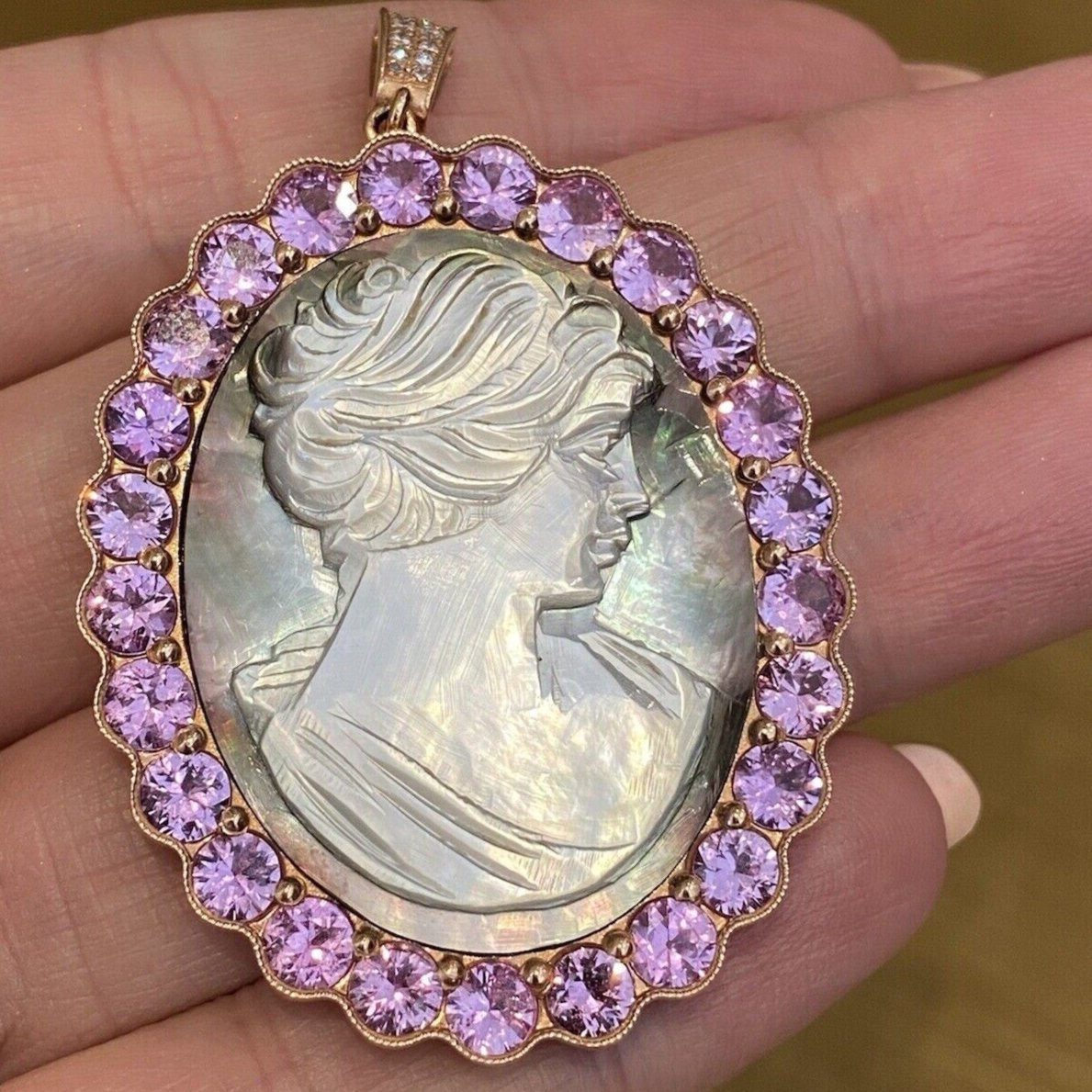 Mother of Pearl Cameo & Pink Sapphire Diamond Pendant in 14K Rose Gold