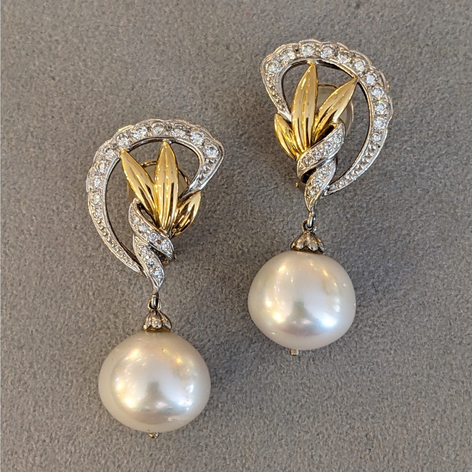 South Sea Pearl and Diamond Dangle Earrings in Gold and Platinum