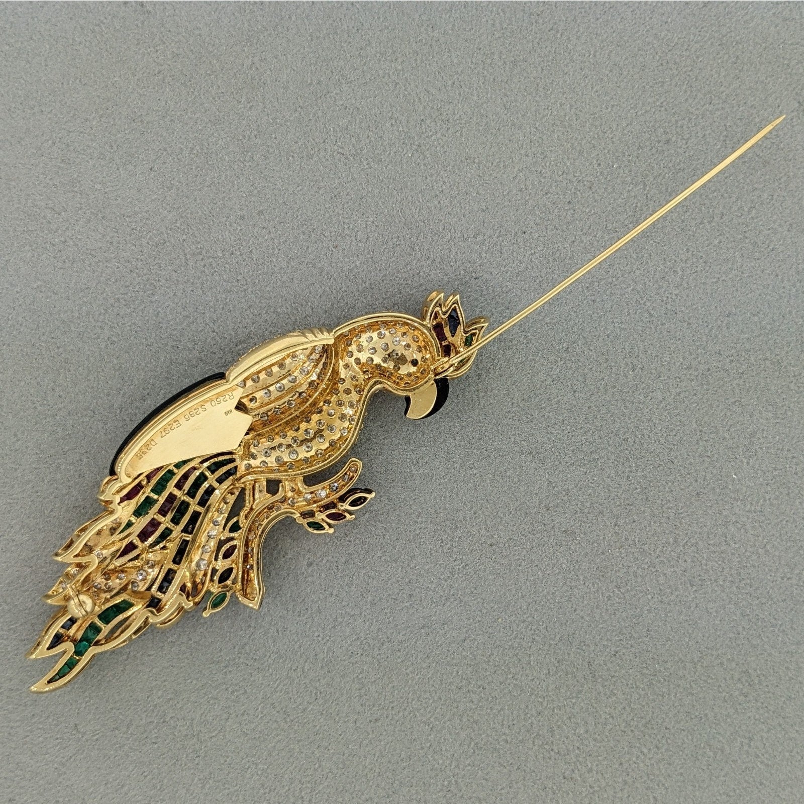 Large Parrot Pin Brooch with Diamonds and Gemstones in 18k Yellow Gold