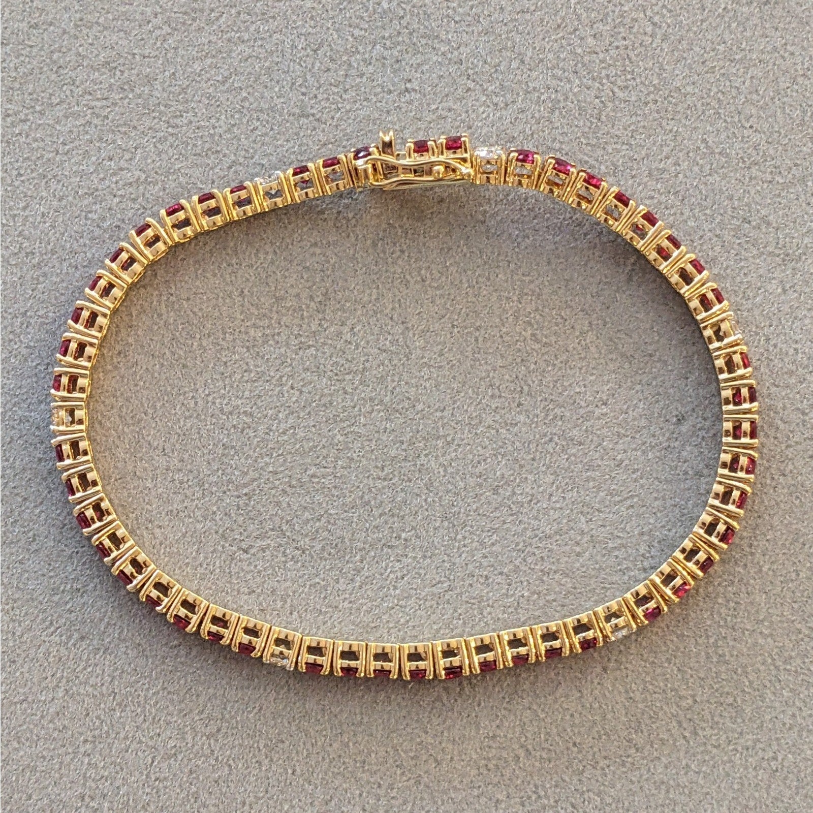 Unheated Natural Ruby & Diamond Tennis Line Bracelet in 18k Yellow Gold