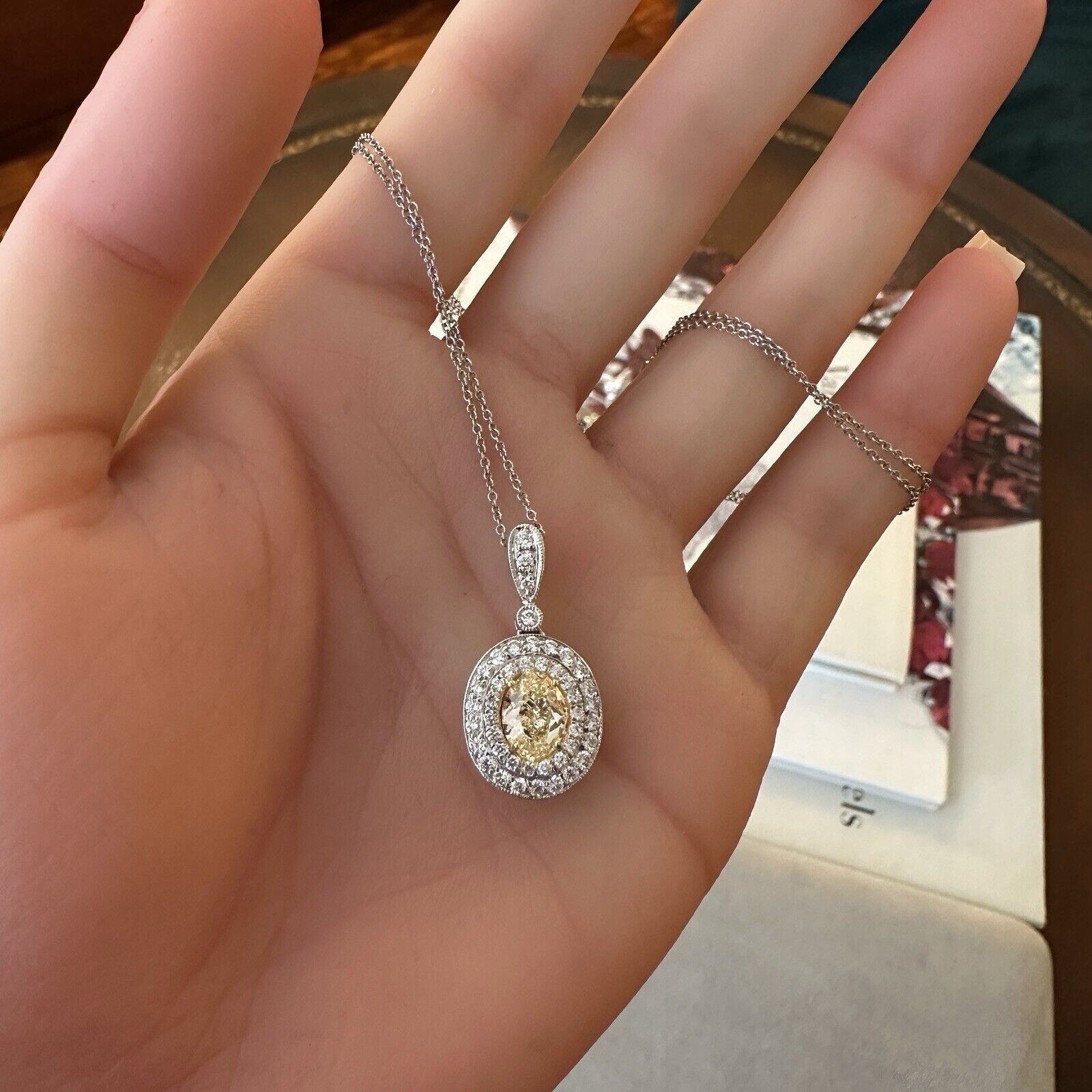 GIA Natural Yellow 1.50 ct Oval Diamond Pendant Necklace in White Gold