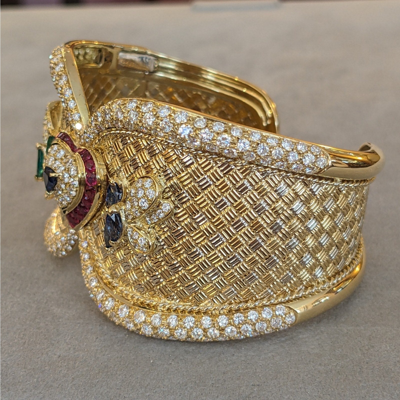 Ruby, Emerald, Sapphire and Diamond Cuff Bracelet in 18k Gold