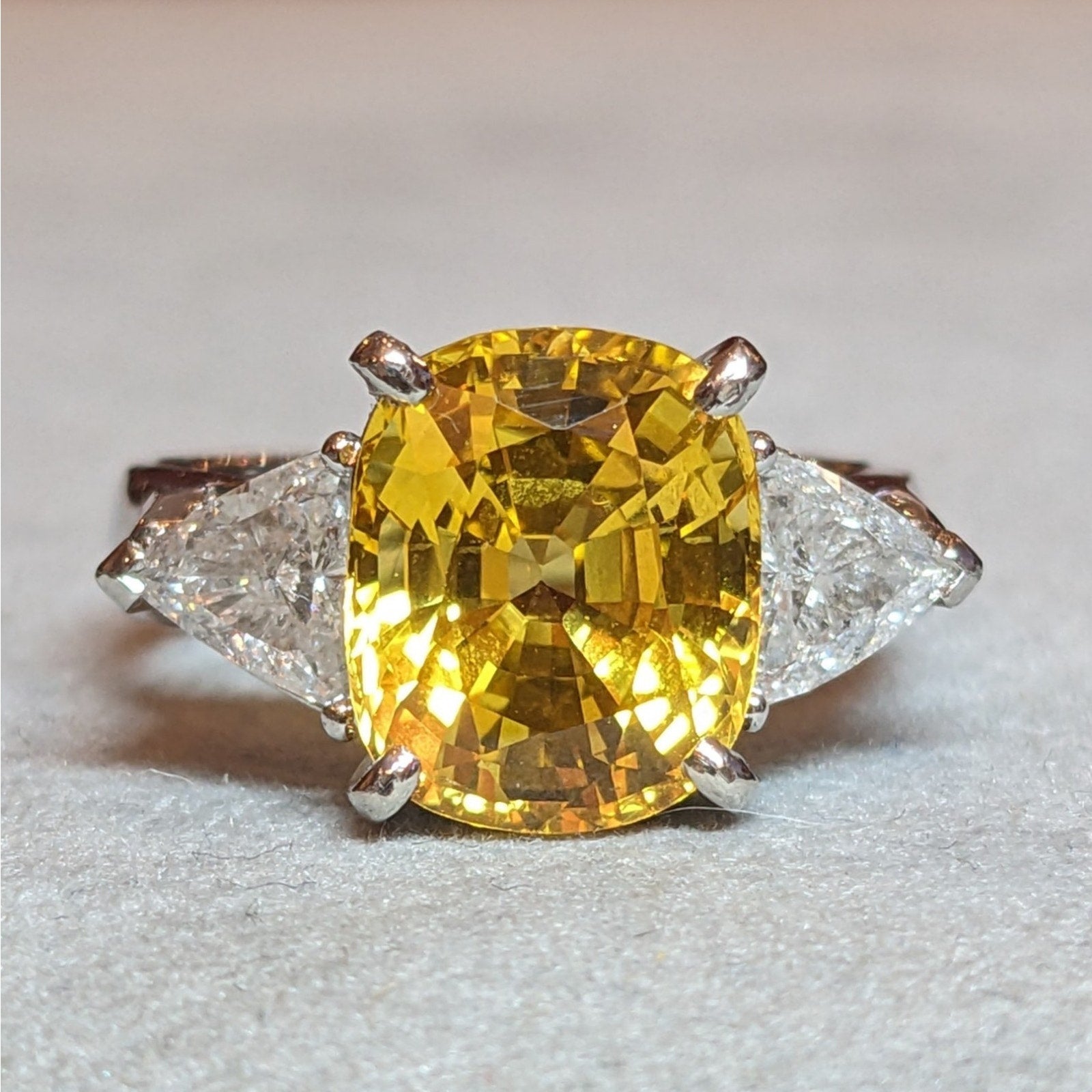 GIA 6.50cts Cushion Yellow Sapphire & Diamond 3-Stone Ring in Platinum