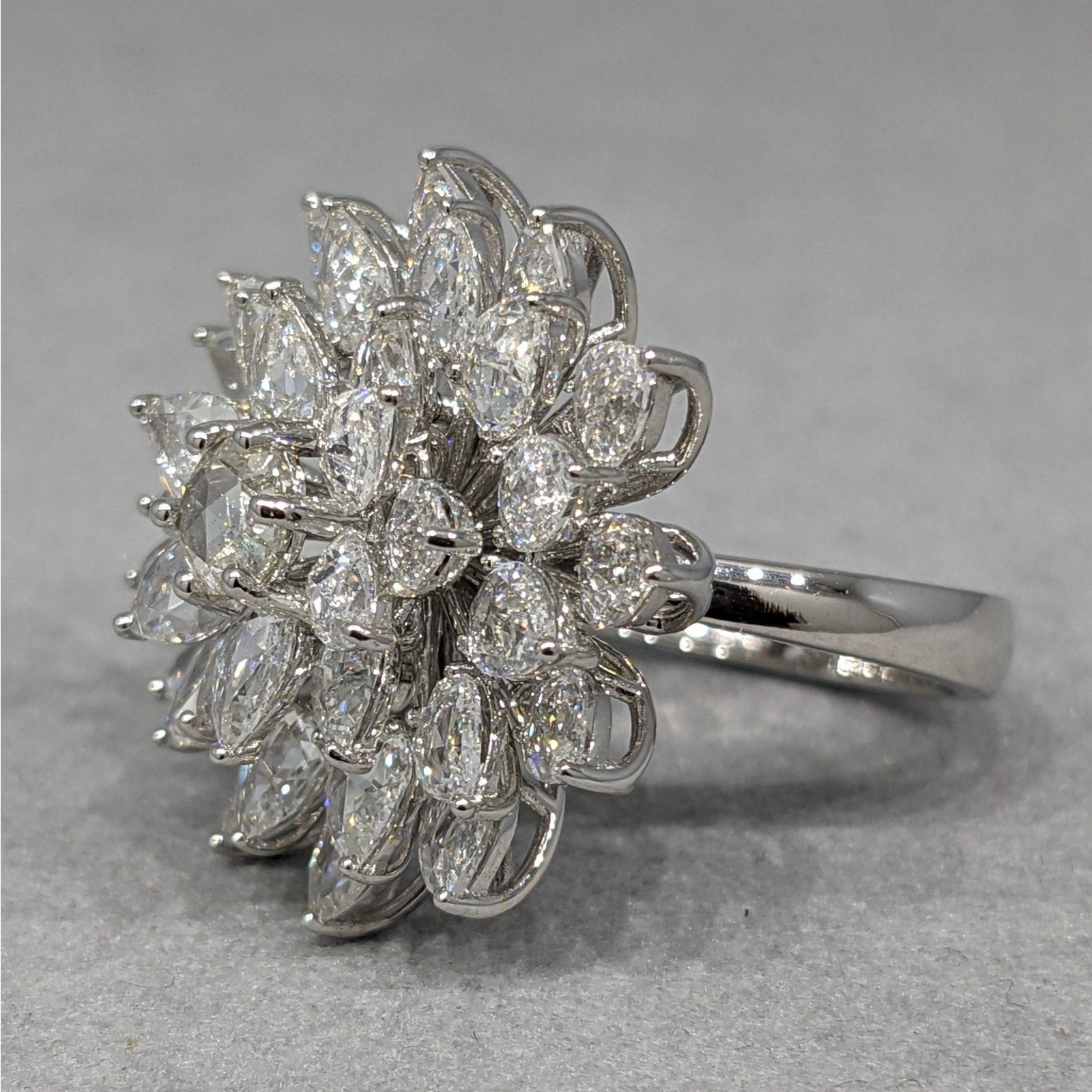 Natural Diamond Flower Cluster Flower Cocktail Ring in 18k White Gold