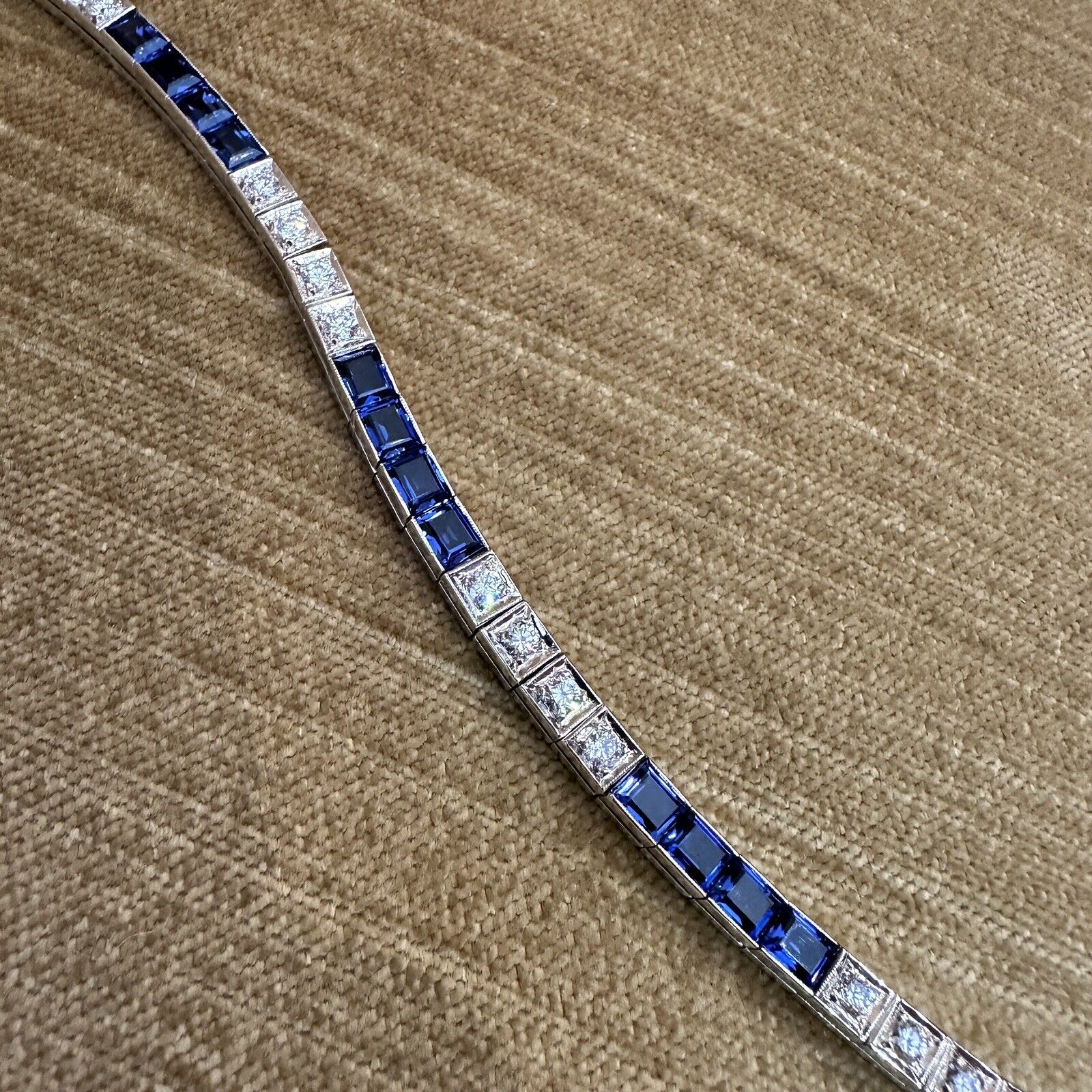 Vintage Diamond and Synthetic Sapphire Line Bracelet in 14k White Gold