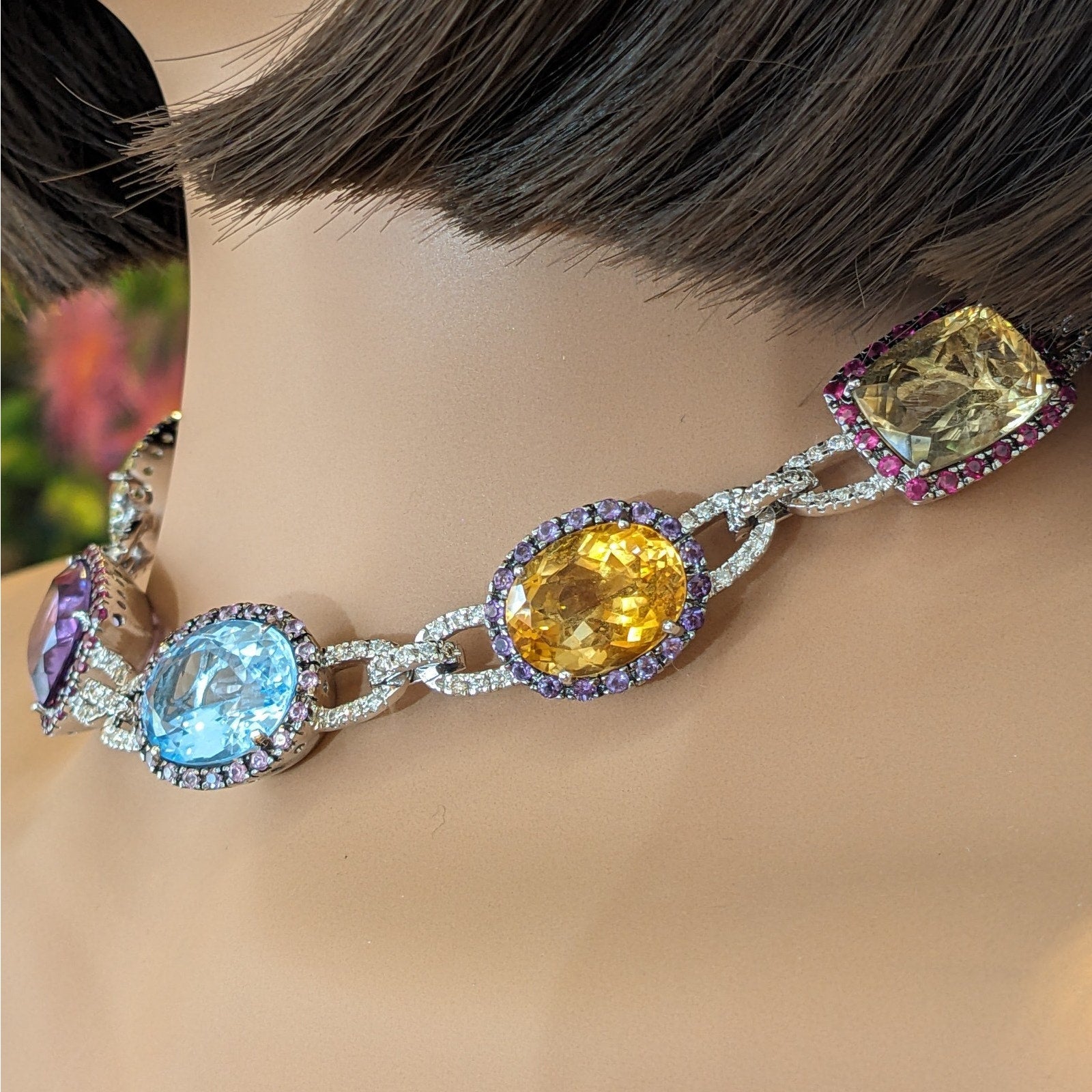 Multi-Color Gemstone Necklace with Diamonds in 18k White Gold