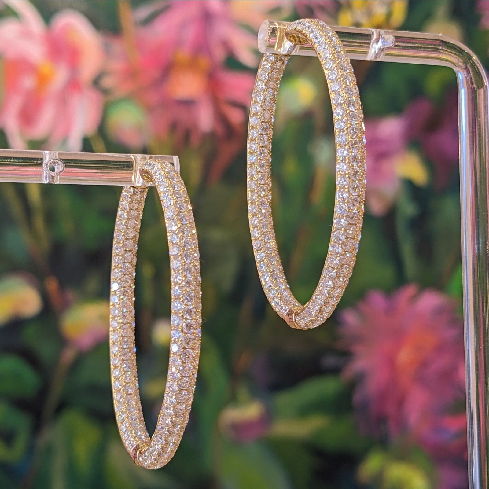 9.96 cts Inside Out Oval Pave Diamond Hoop Earrings in 18k Yellow Gold