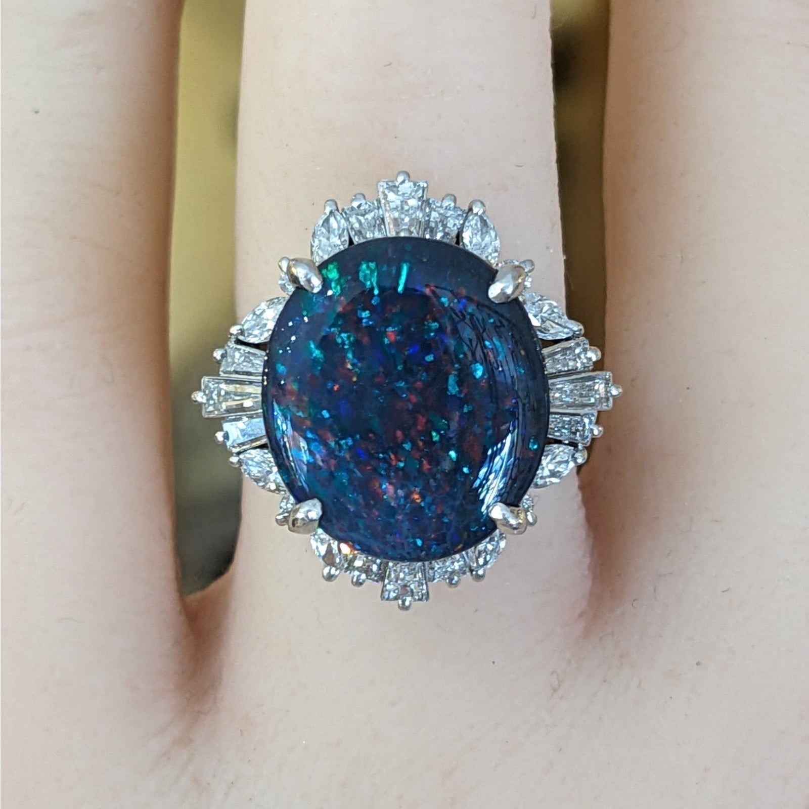 Natural 6.67 ct Black Opal & Diamond Ring in Platinum