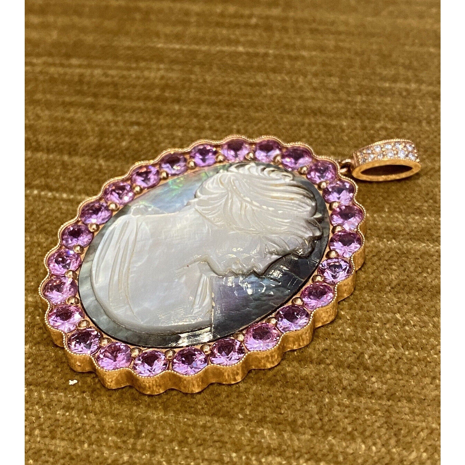 Mother of Pearl Cameo & Pink Sapphire Diamond Pendant in 14K Rose Gold