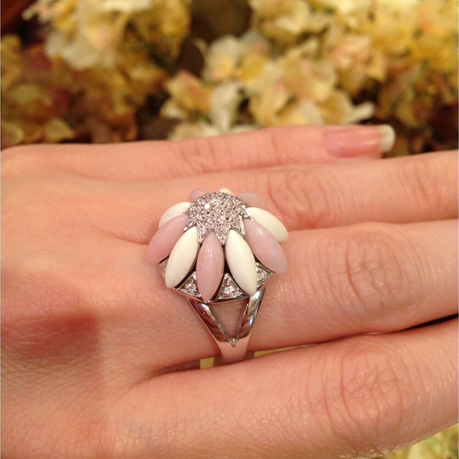 Flower Pave Diamond, Rose Quartz & Enamel Ring 18K White Gold