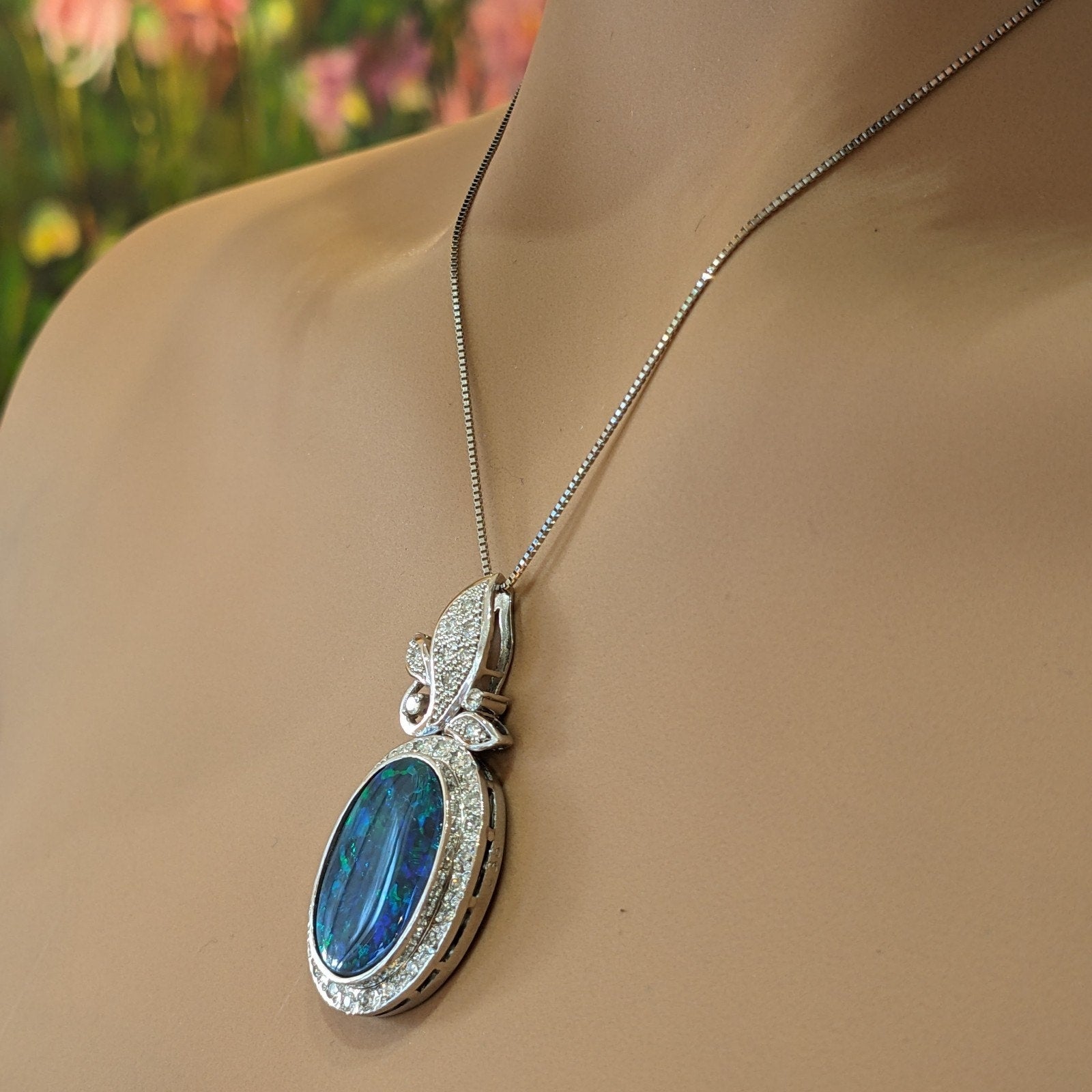 Black Opal and Diamond Pendant Necklace in Platinum