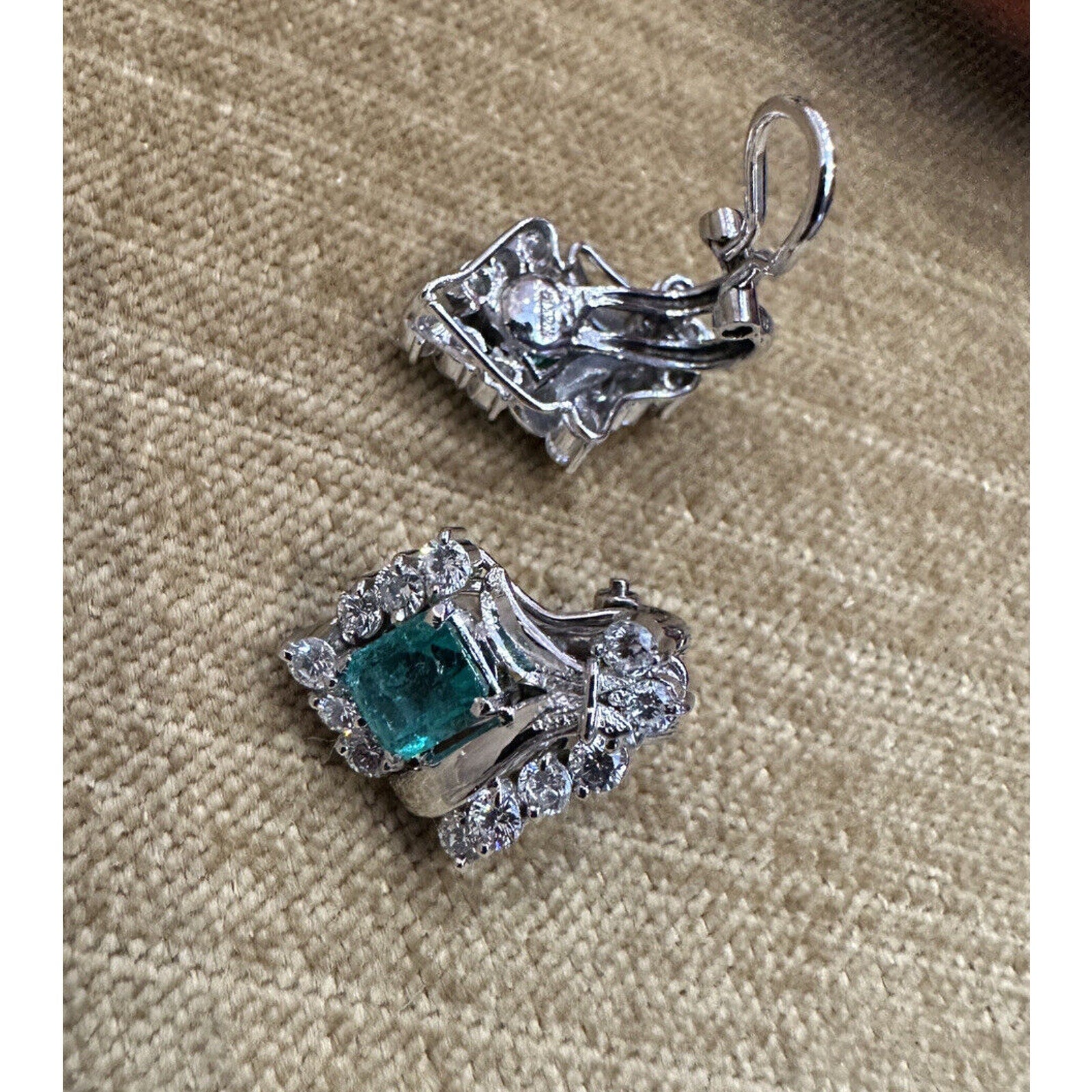 Emerald and Diamond Bouquet Estate Earrings in 14k White Gold