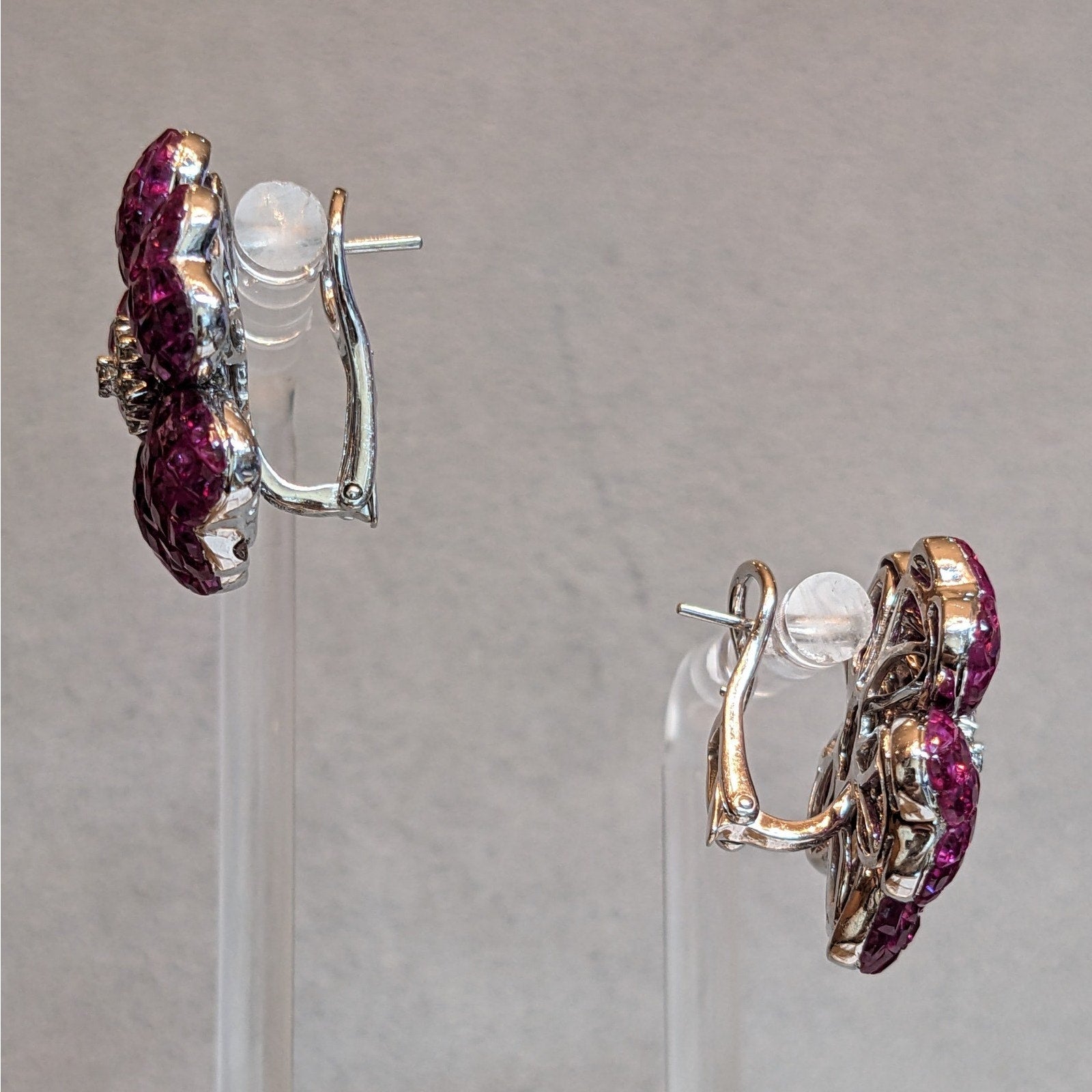 Natural Ruby Mystery Set Flower Earrings with Diamonds in 18k White Gold