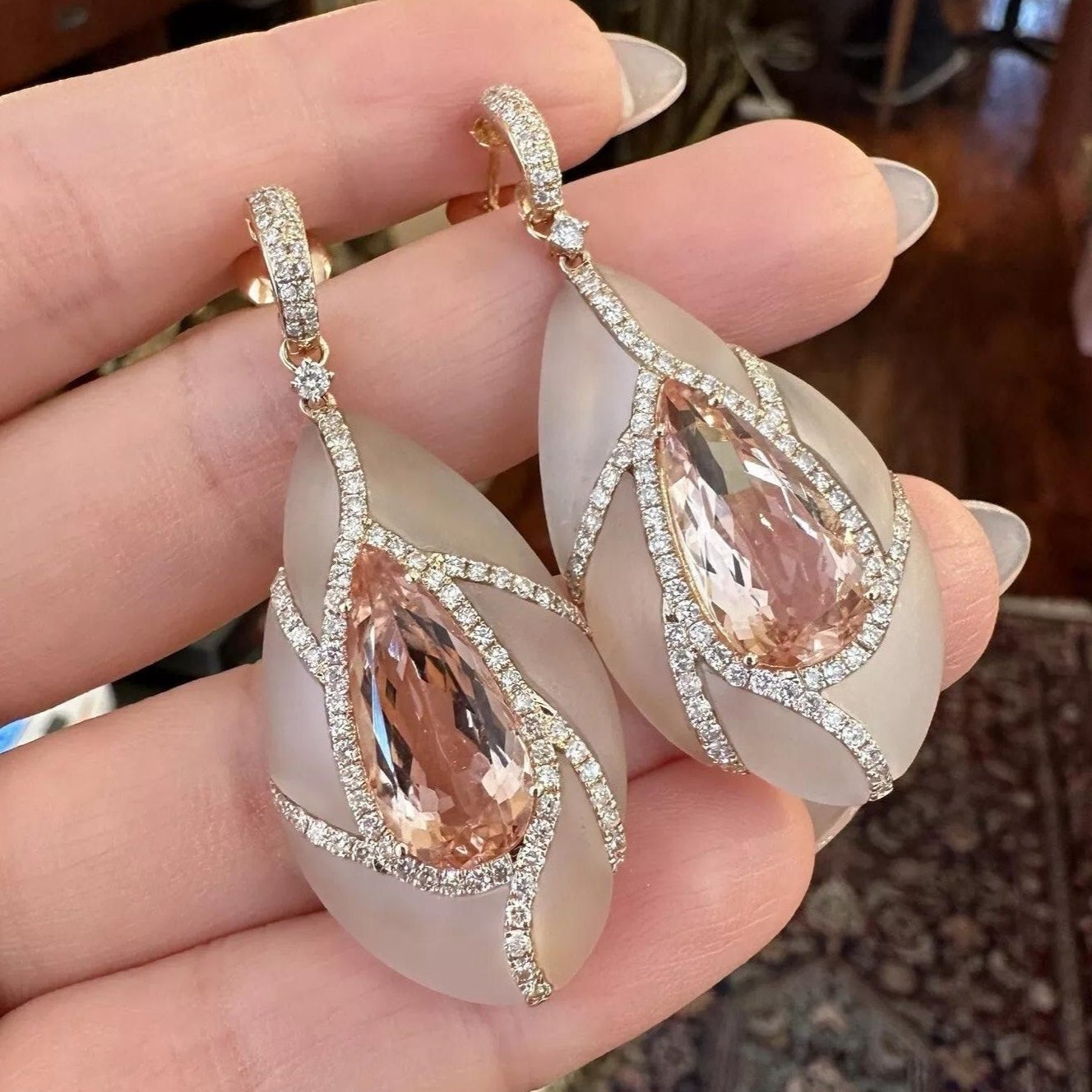 Morganite, Diamond & Rock Crystal Drop Earrings in 18k Rose Gold