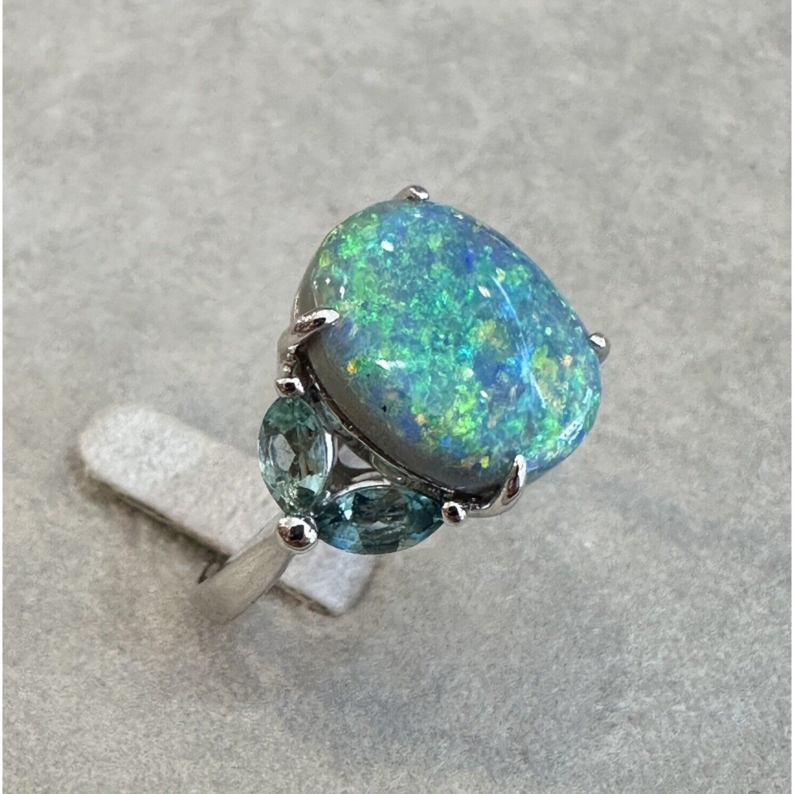 GIA 6.55 ct Black Opal & Aquamarine Ring in Platinum