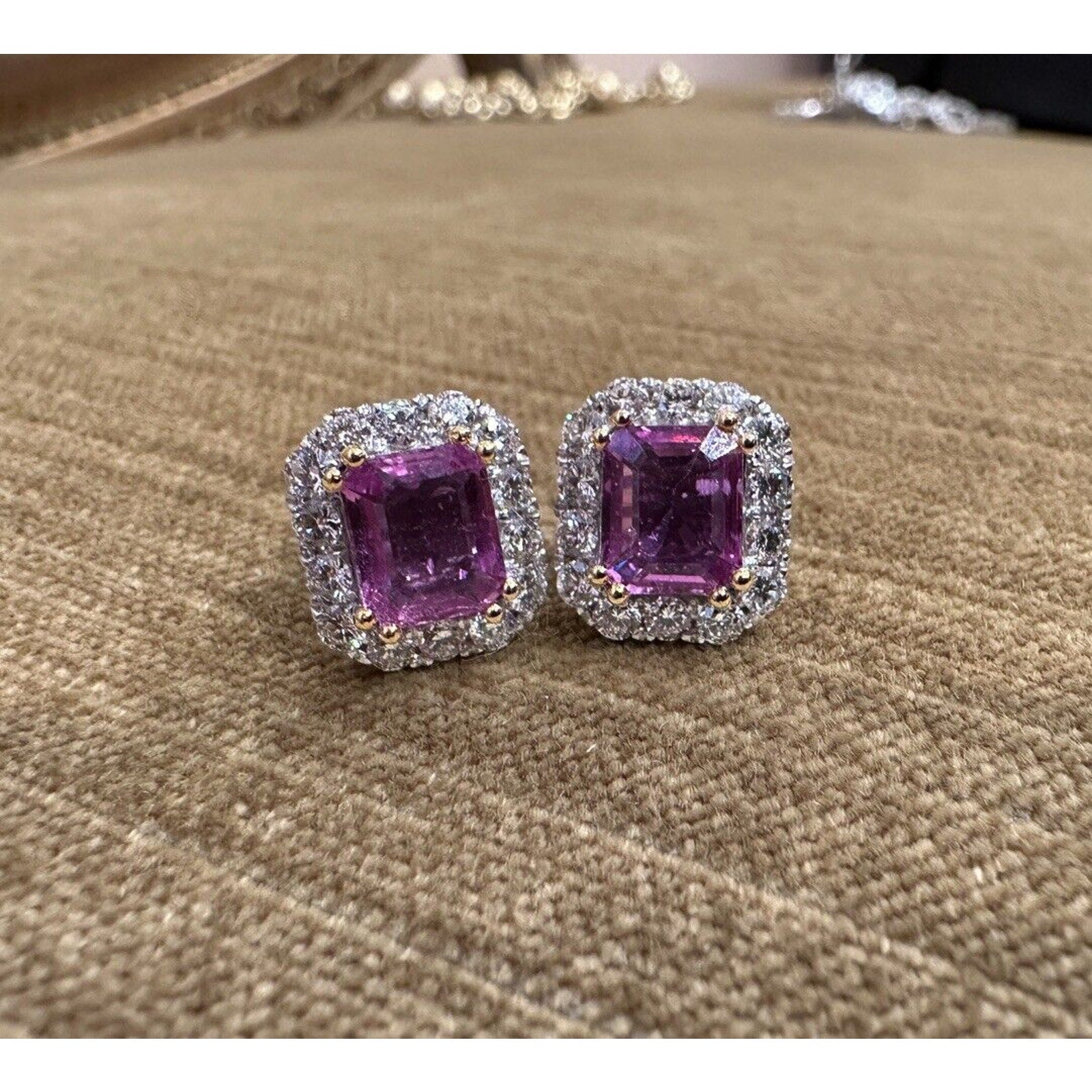 Pink Sapphire and Diamond Halo Earrings in 18k White Gold