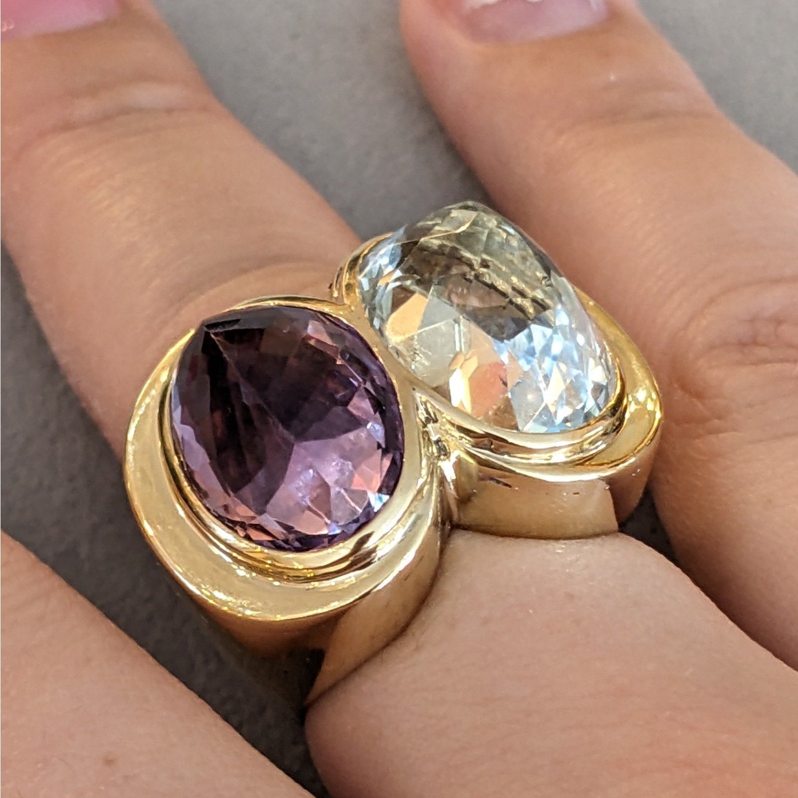 Large Aquamarine and Amethyst Statement Ring in 18k Yellow Gold