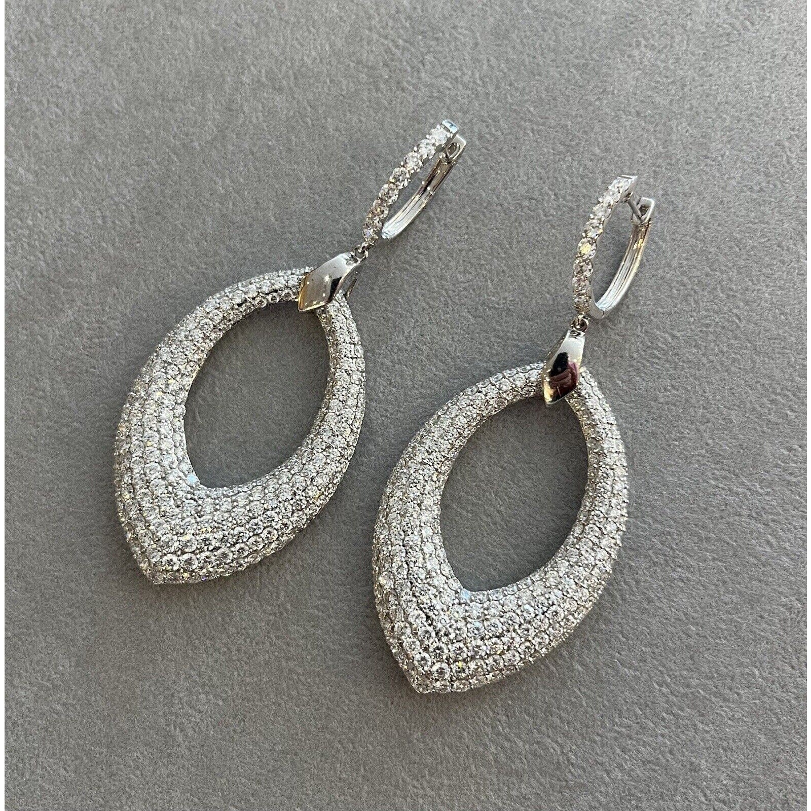 Large Pave Diamond Drop Earrings 10.90 cttw in 18k White Gold