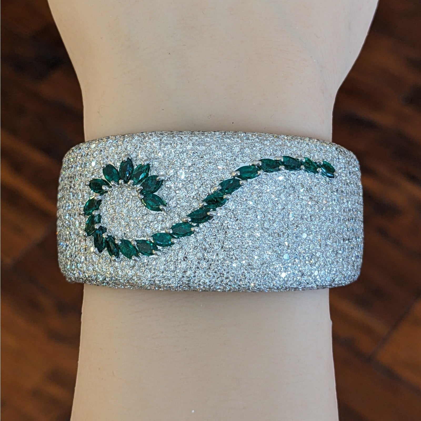 Wide Pave Diamond and Marquise Emerald Bangle Bracelet in 18k Gold