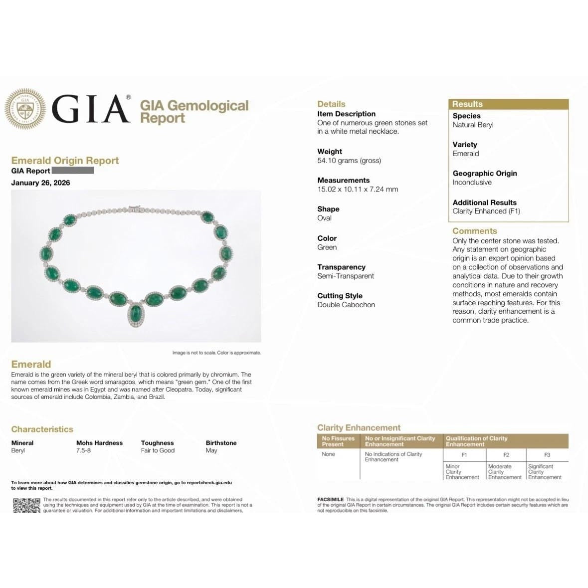 GIA Cabochon Emerald and Diamond Necklace in 18k White Gold