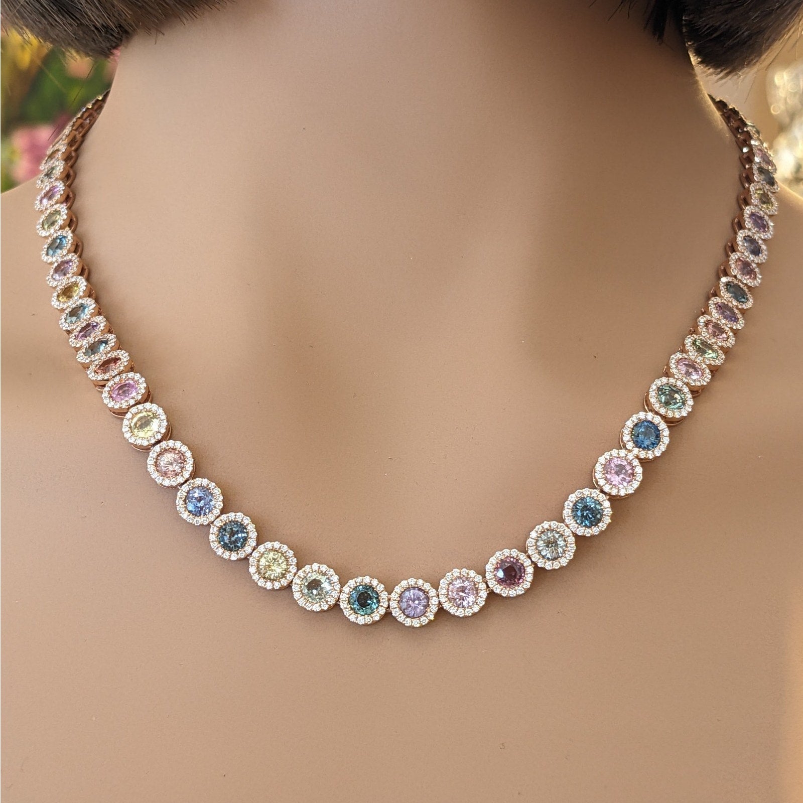Multicolor Sapphire and Diamond Choker Necklace in 14k Rose Gold