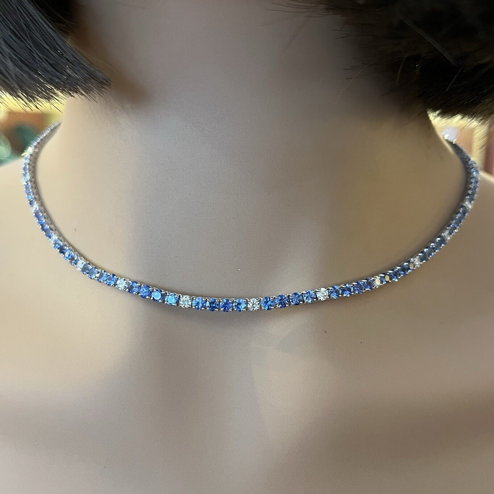 Natural Sapphire and Diamond Choker Necklace in 18k White Gold