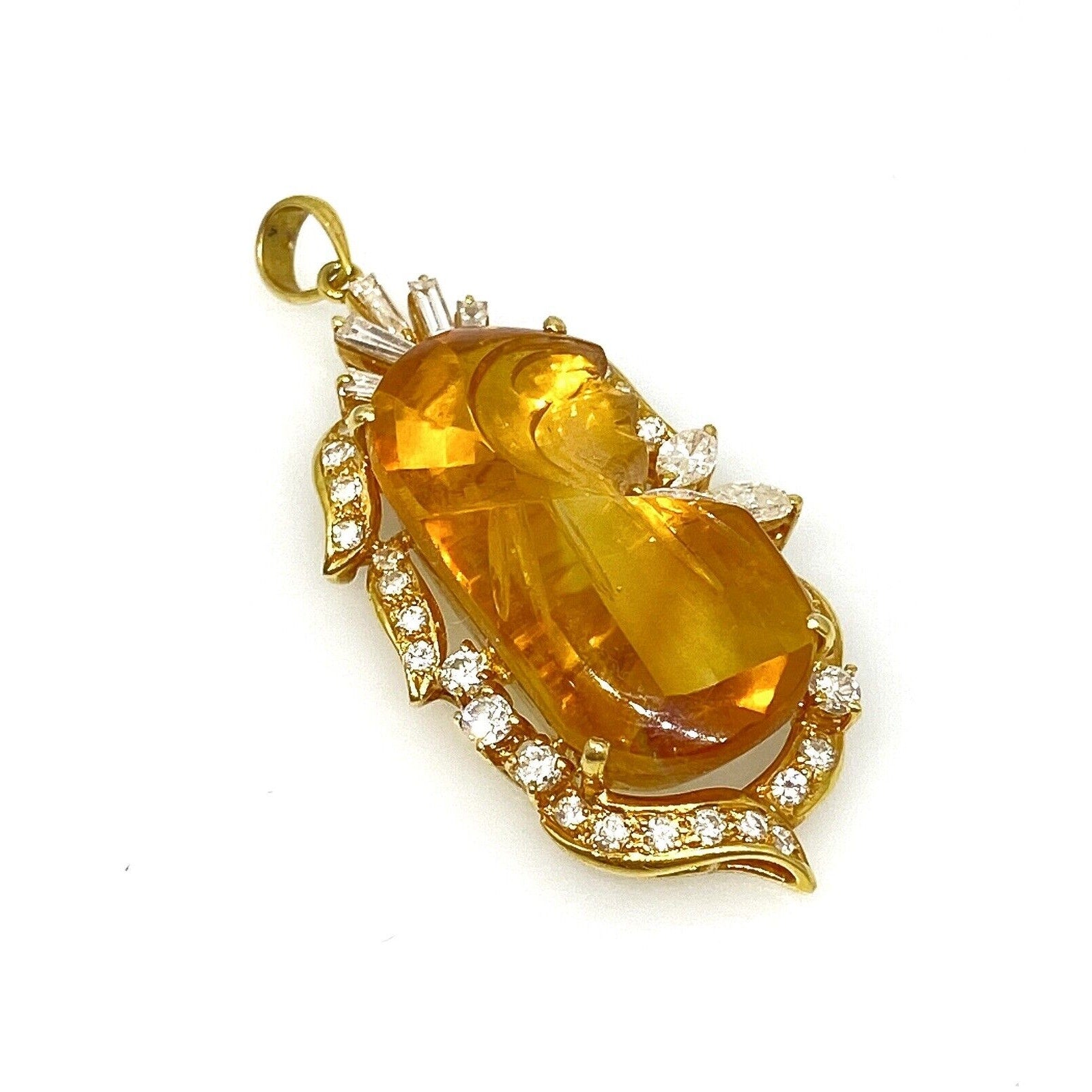 Carved Citrine and Diamond Pendant in 18k Yellow Gold