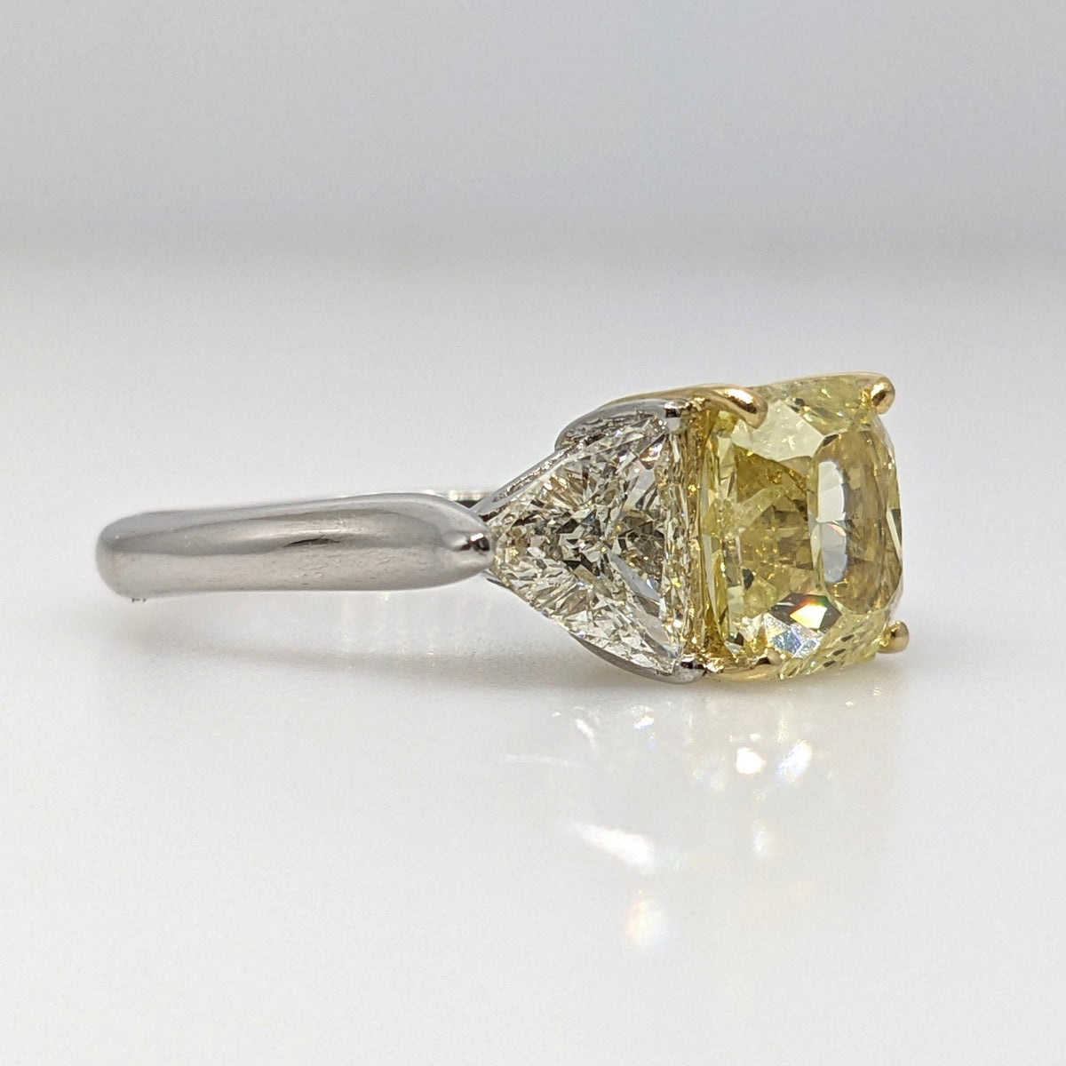 GIA Fancy Yellow Radiant 3.22ct Three-Stone Diamond Ring in Plat/18k