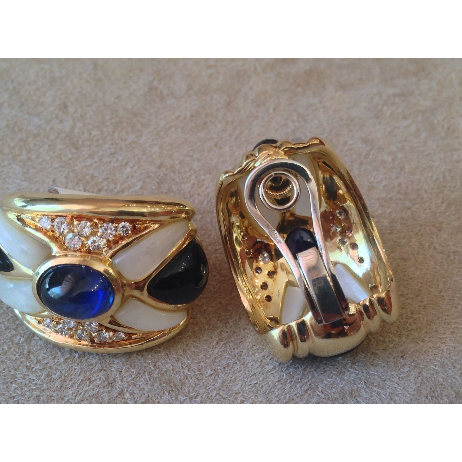 Sapphire, Diamond and Onyx Half Hoop Earrings in 18K Yellow Gold