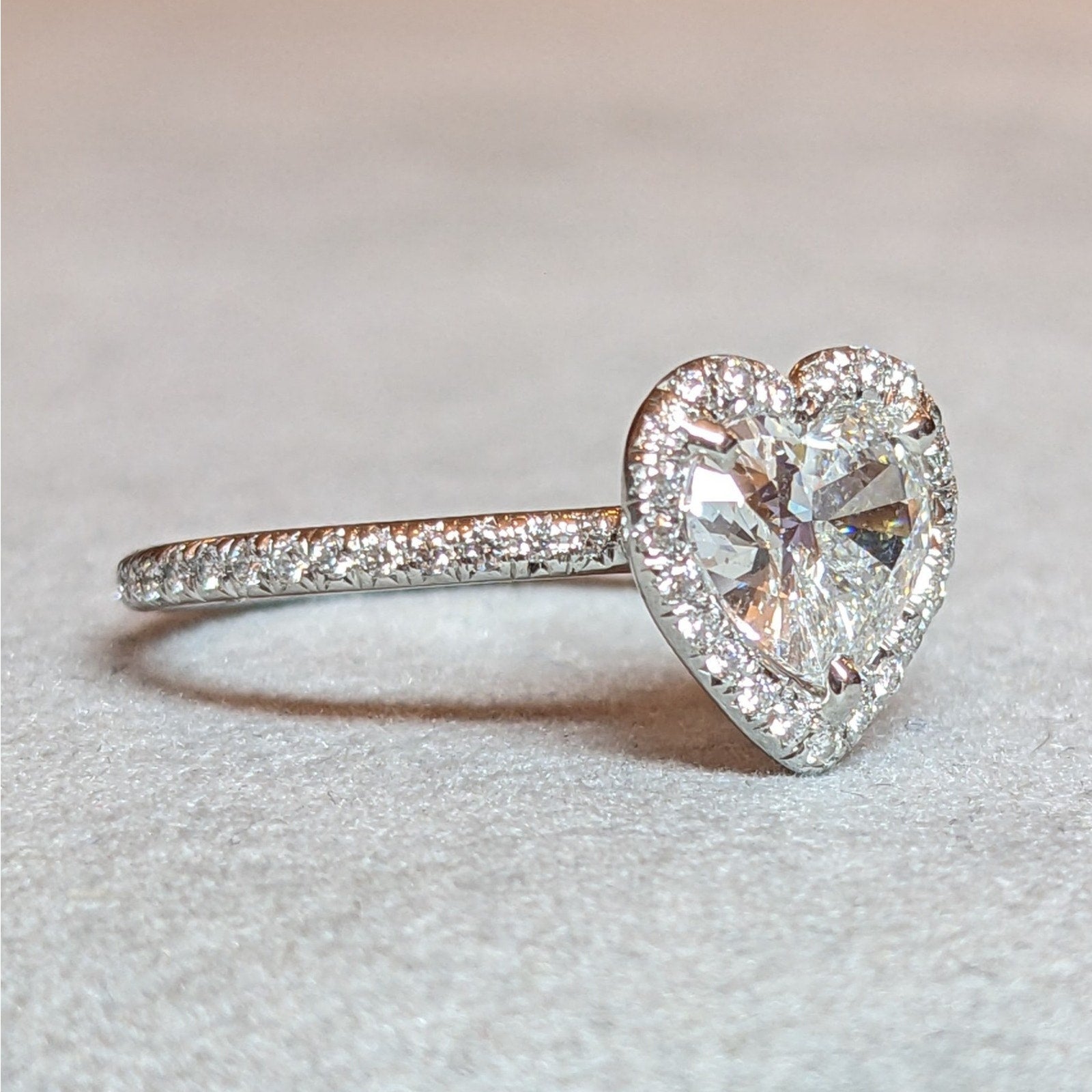 Heart Shaped Diamond Ring in 18k White Gold Halo Setting